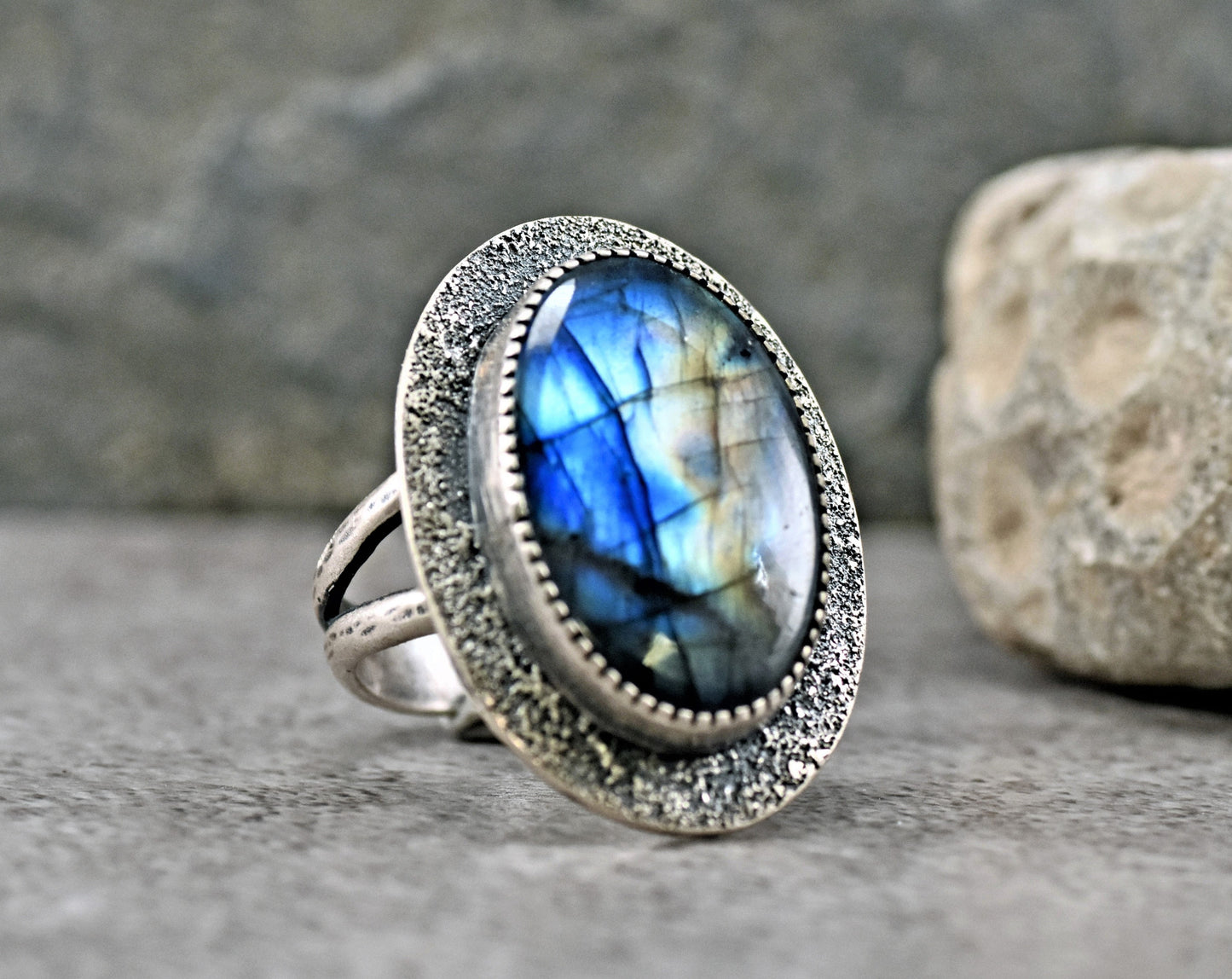 Sterling Silver Labradorite Statement Ring, Size 8.5