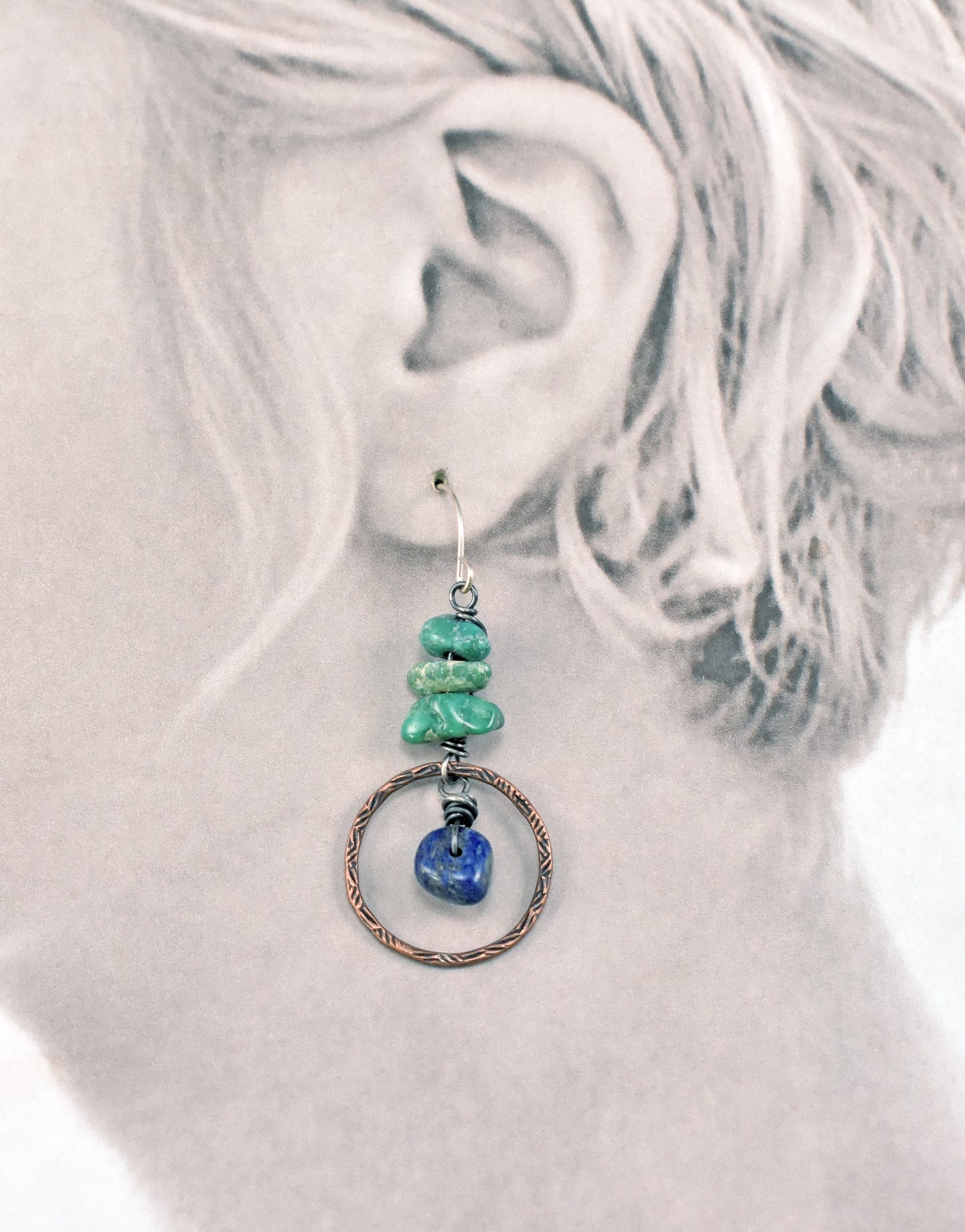 Turquoise and Lapis Lazuli Asymmetrical Mixed Metal Earrings, Rustic Copper Blue and Green Circle Jewelry