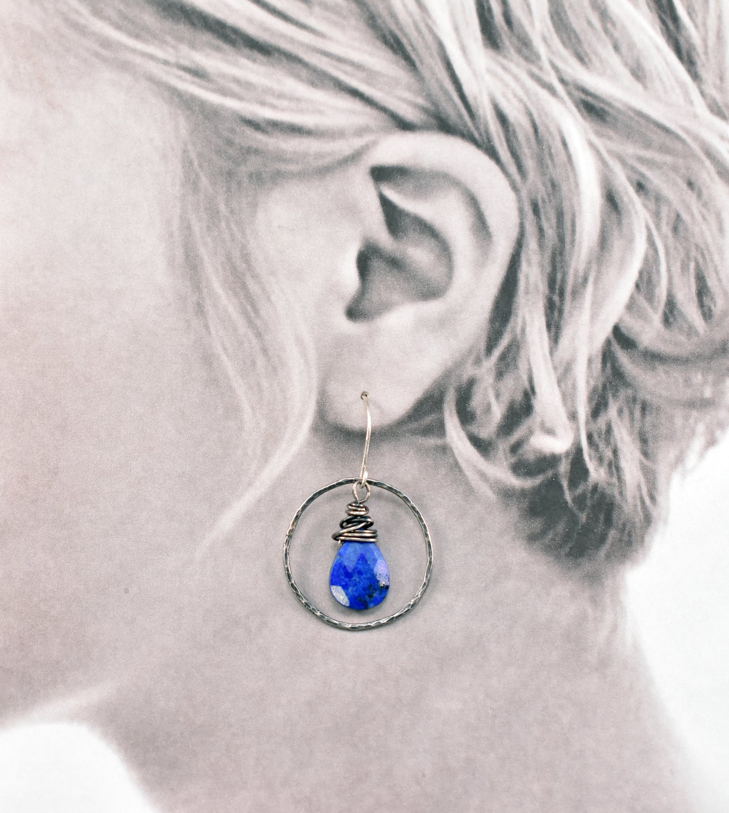 Lapis Lazuli Sterling Silver Hoop Earrings, Handmade Artisan Jewelry, Unique Bold Blue Gemstone Dangles