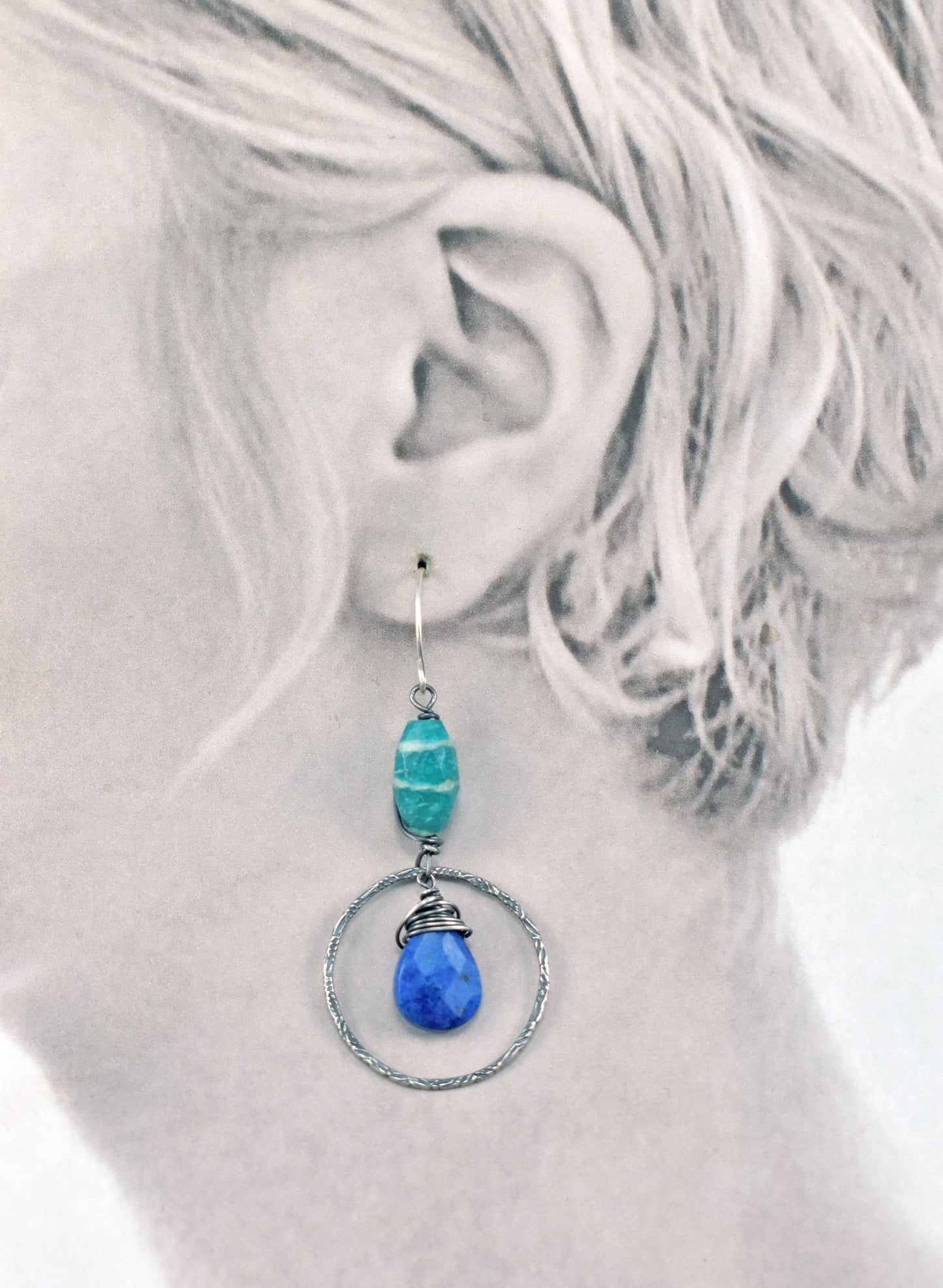 Lapis Lazuli, Amazonite and Sterling Silver Asymmetrical Earrings, Blue Green Stone Artisan Jewelry