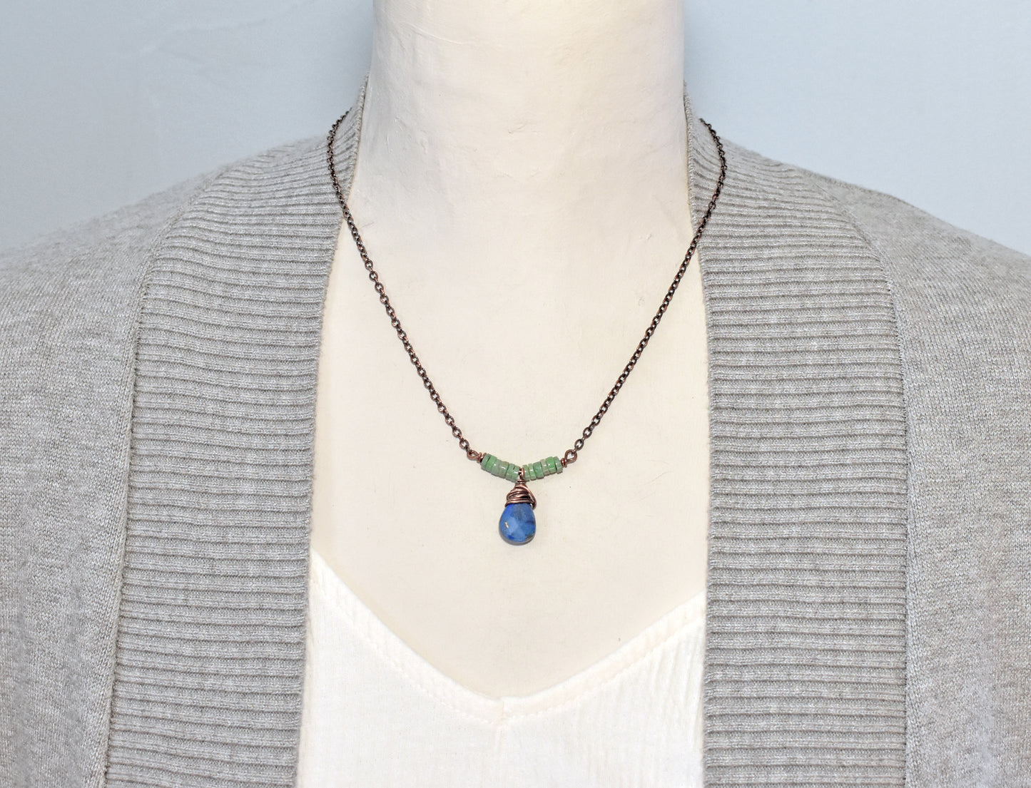 Simple Lapis Lazuli Teardrop Chrysoprase Necklace, Dainty Copper Wire Wrap Jewelry