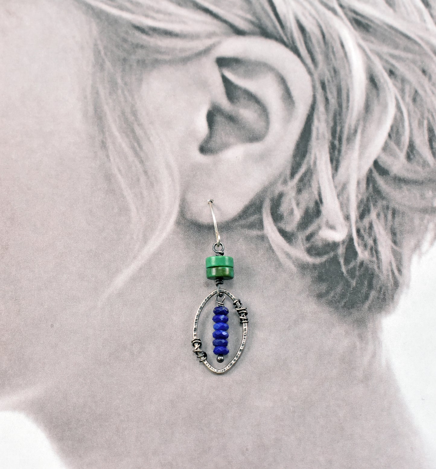 Turquoise, Lapis Lazuli and Sterling Silver Earrings, Rustic Boho Jewelry Handmade