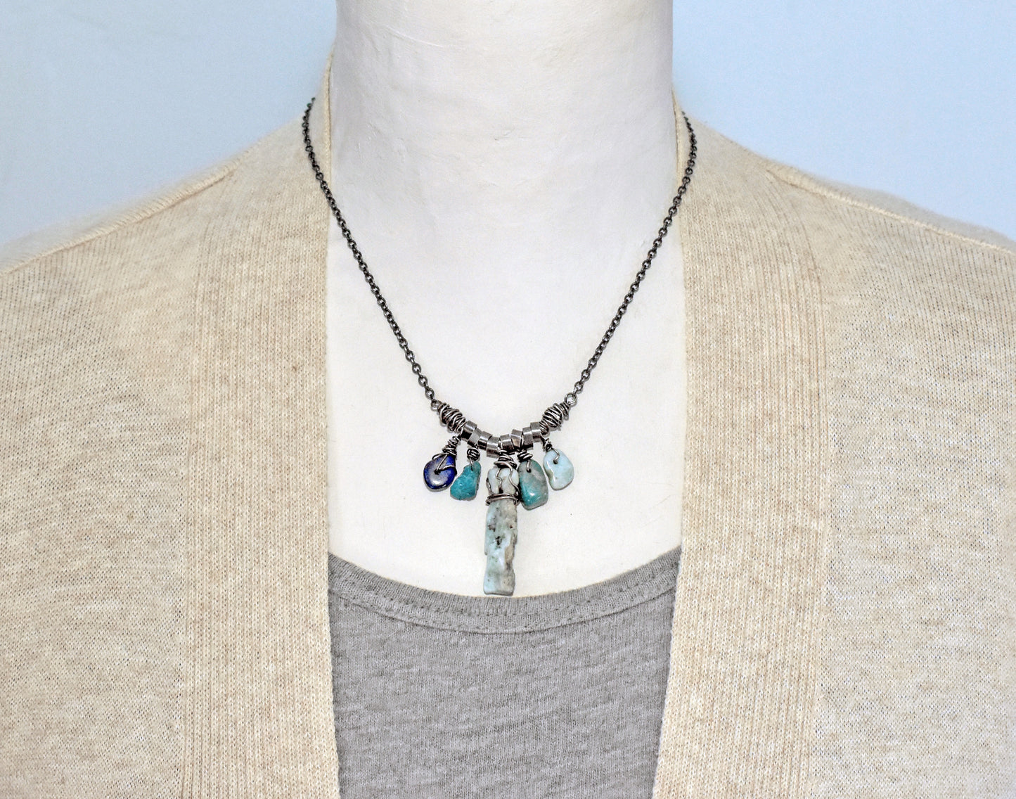 Larimar, Apatite and Lapis Sterling Silver Necklace, One of a Kind Rustic Mixed Gemstone Jewelry