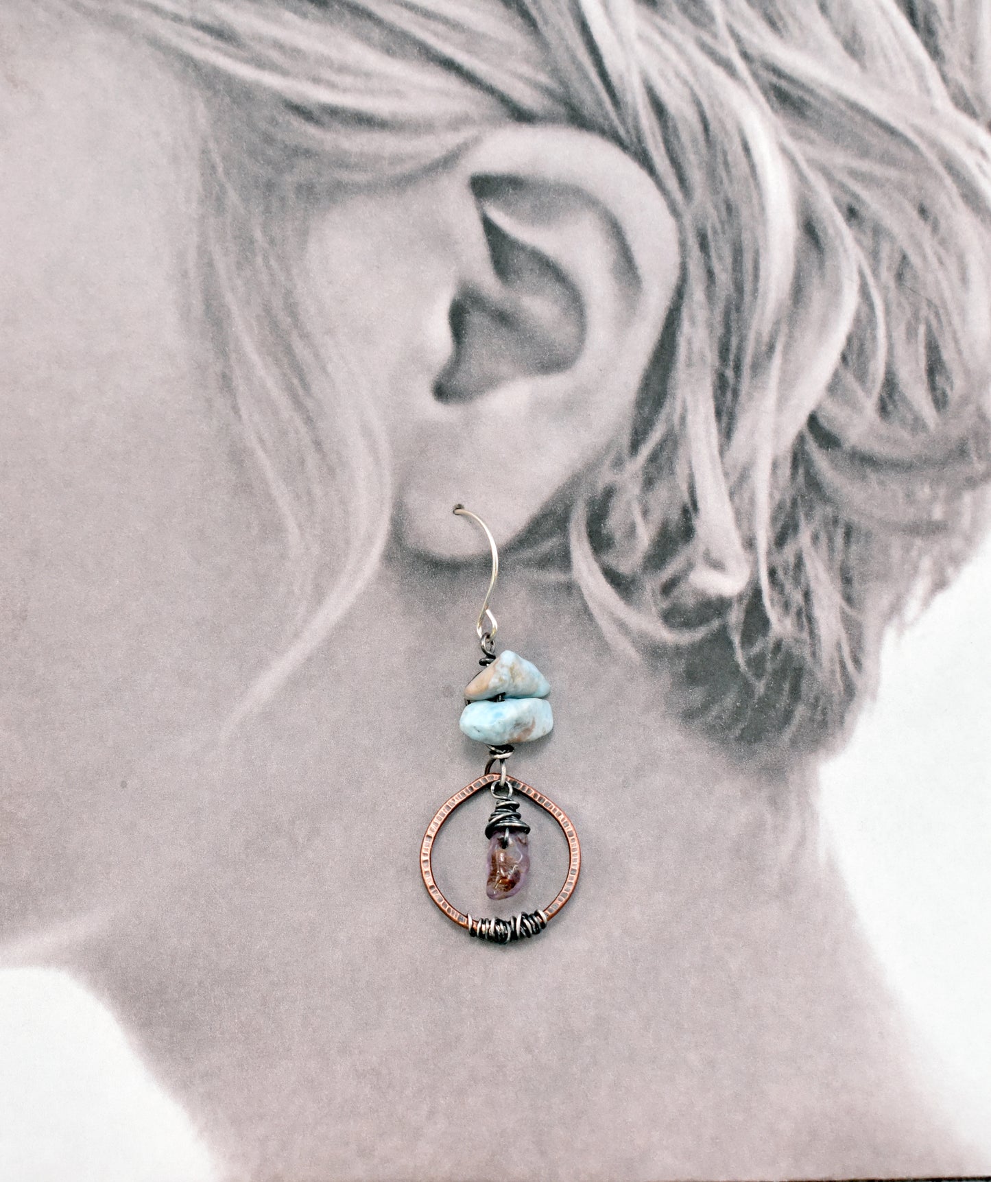 Larimar and Super Seven Mixed Metal Earrings, Artisan Copper and Sterling Silver Handmade Jewelry