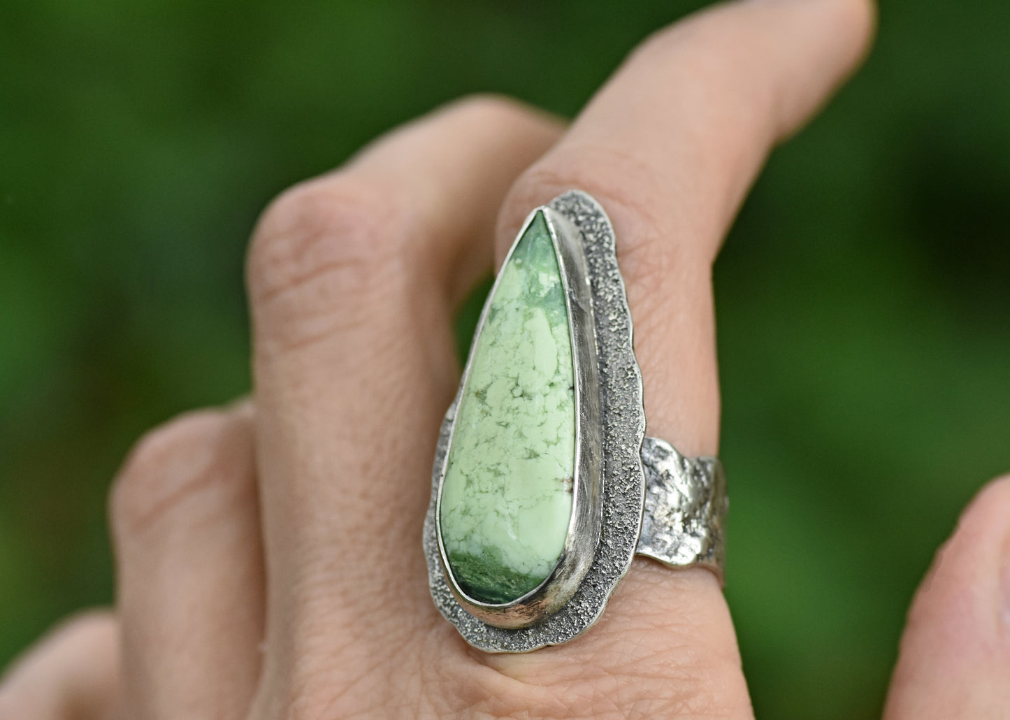 Lemon Chrysoprase and Sterling Silver Wide Band Statement Ring, Organic Silversmith Jewelry, Size 9