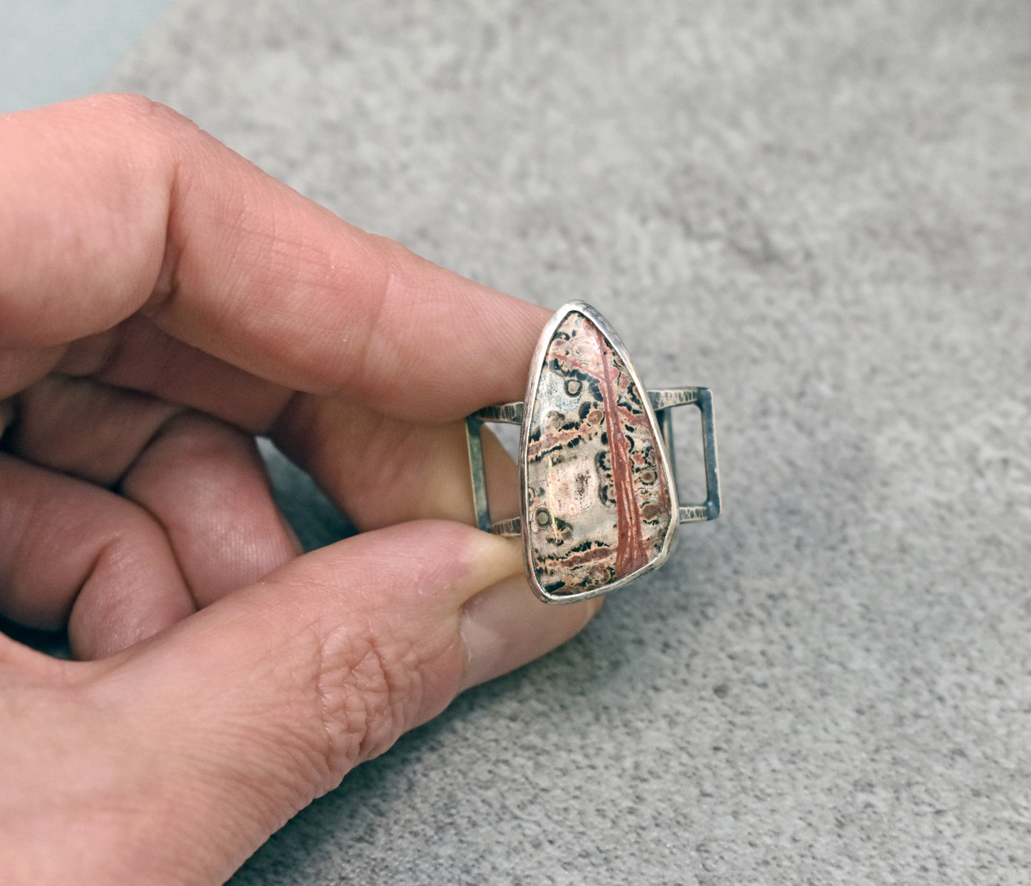 Leopard Jasper and Sterling Silver Wide Band Statement Ring, Size 7.25