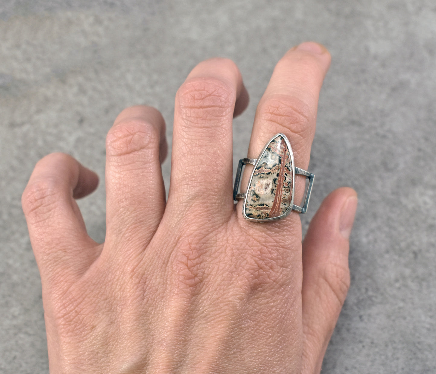 Leopard Jasper and Sterling Silver Wide Band Statement Ring, Size 7.25