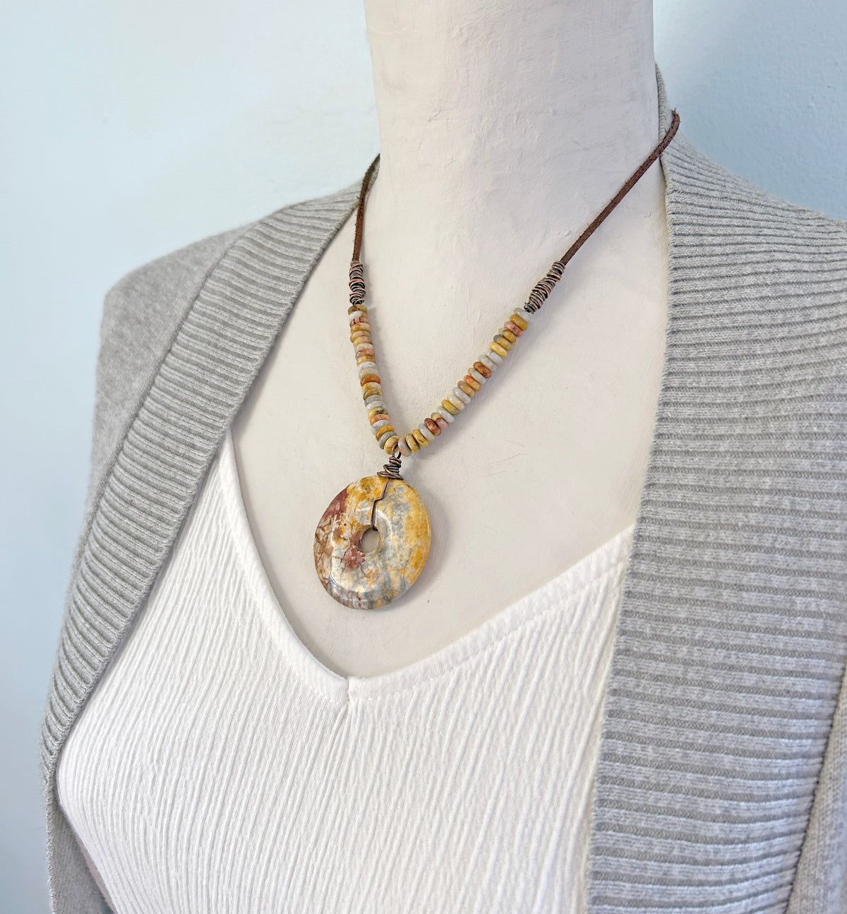 Maligano Jasper, Crazy Lace Agate, Leather and Copper Necklace, Yellow Red Stone Pendant, Earthy Unique Artisan Jewelry