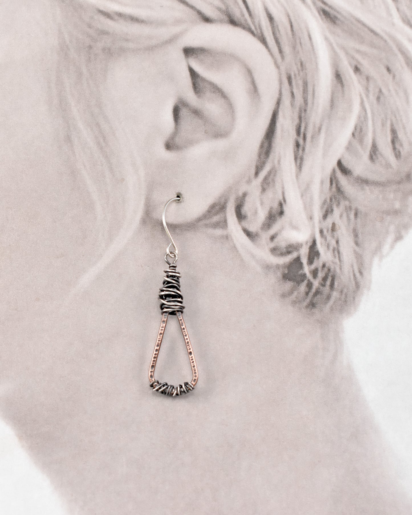 Mixed Metal Copper Sterling Silver Earrings, Rustic Artisan Messy Wire Wrap Jewelry Handmade
