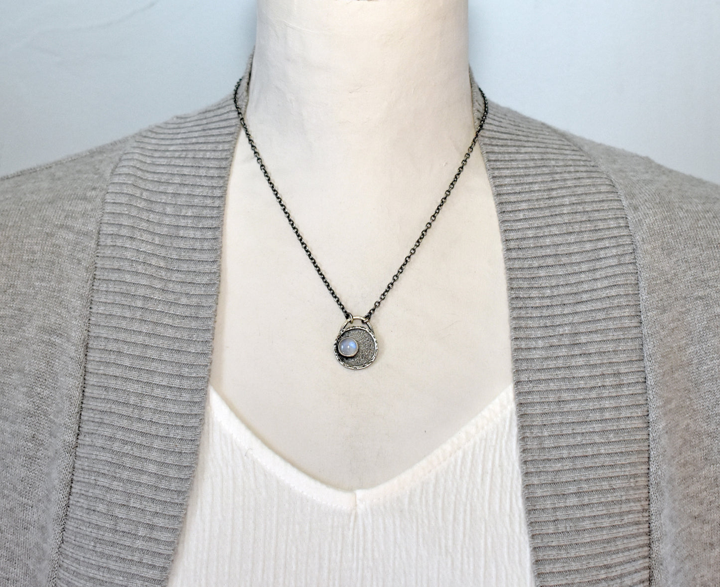 Small Rainbow Moonstone and Sterling Silver Necklace, Unique Artisan Silversmith Jewelry