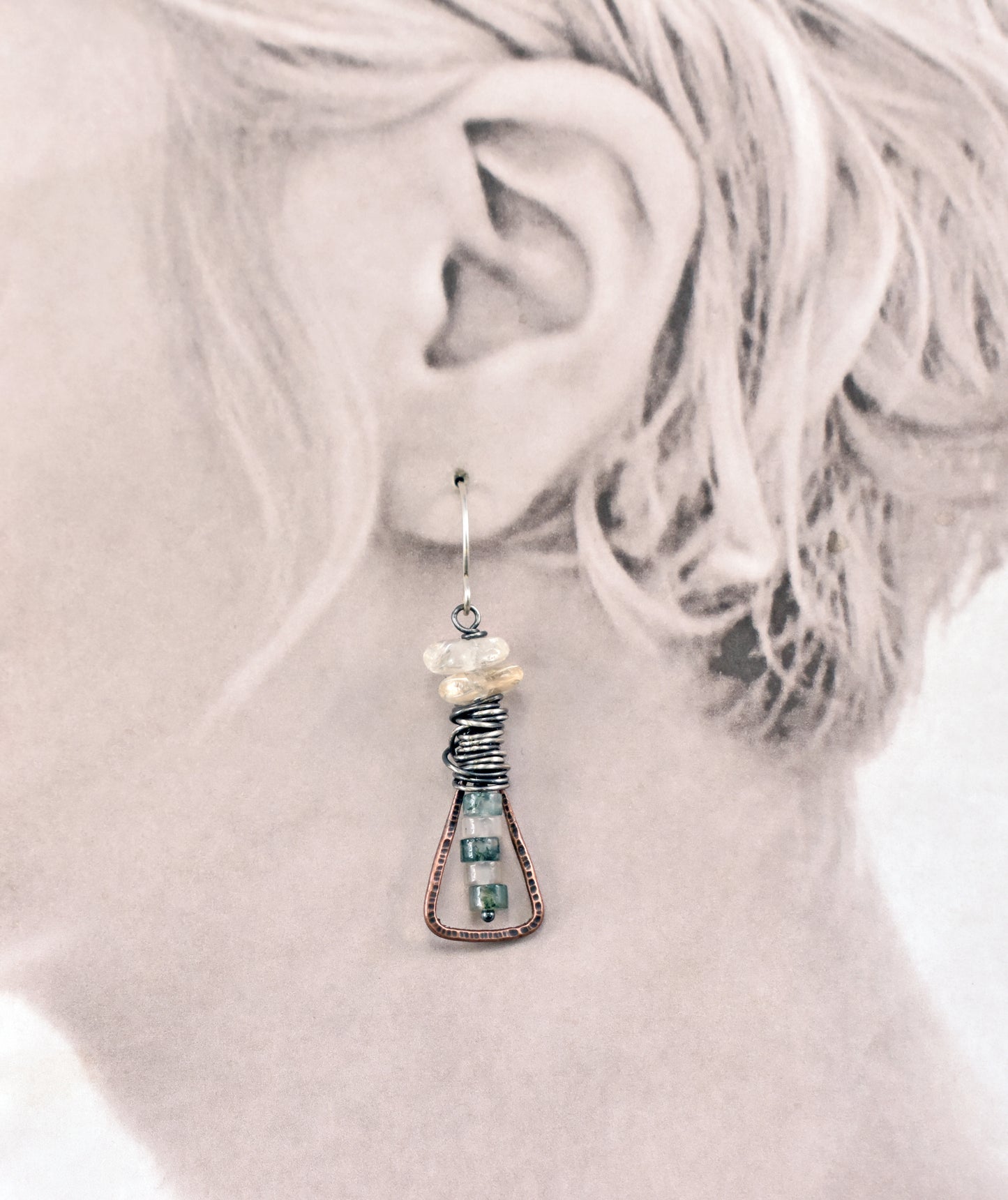 Moss Agate and Citrine Mixed Metal Earrings, Copper and Sterling Silver Gemstone Jewelry