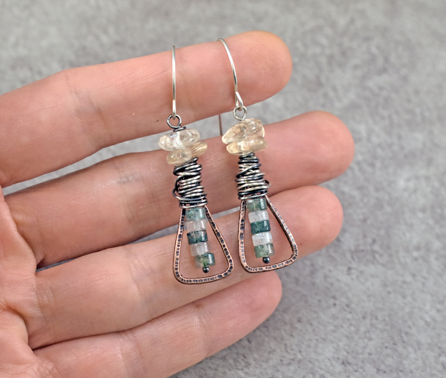 Moss Agate and Citrine Mixed Metal Earrings, Copper and Sterling Silver Gemstone Jewelry