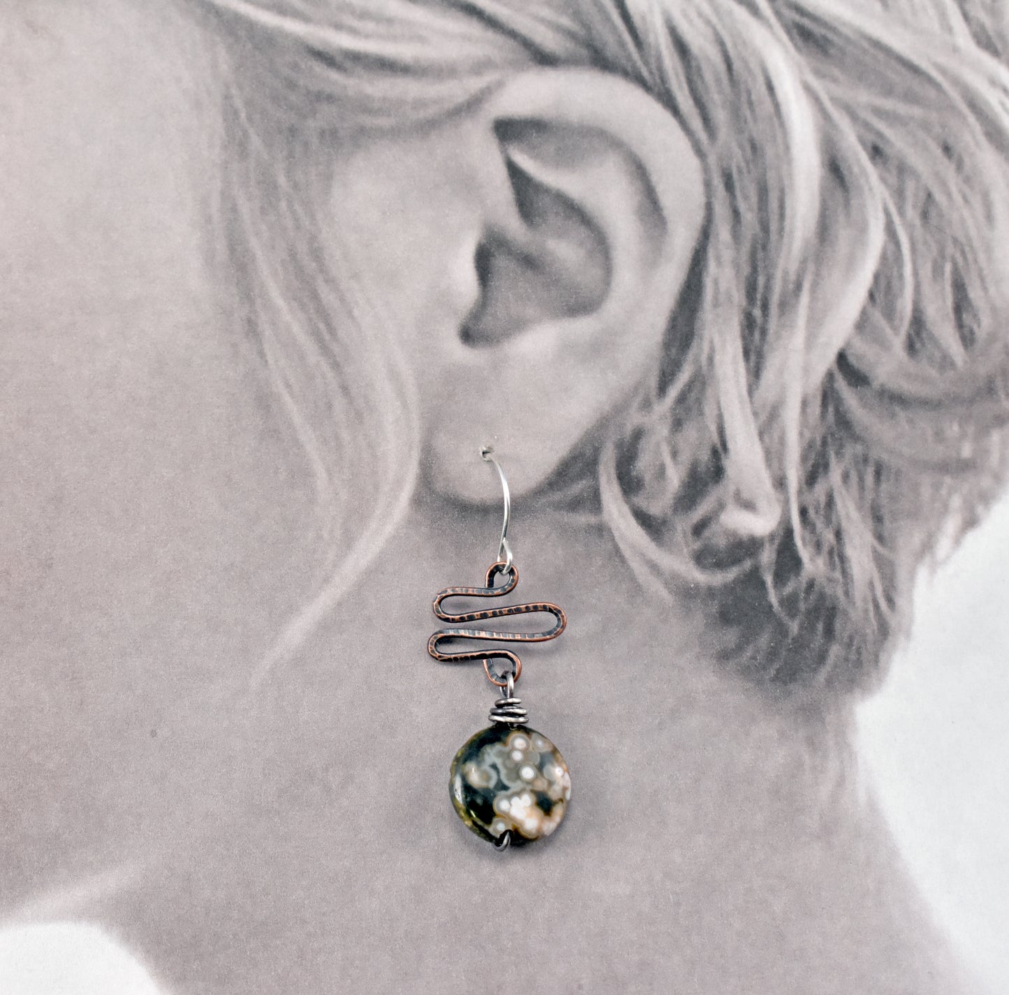 Ocean Jasper Mixed Metal Earrings, Unique Green Stone and Copper Wire Jewelry