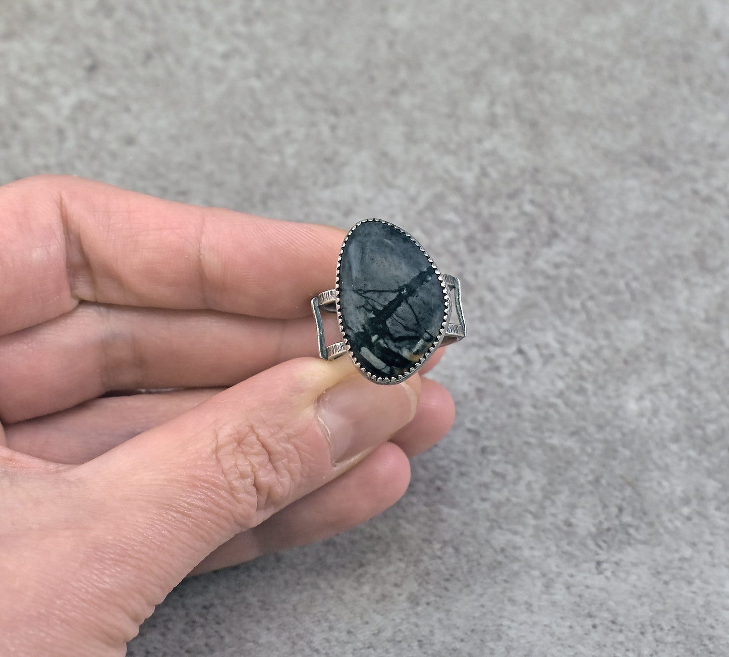 Picasso Jasper and Sterling Silver Wide Band Statement Ring, Size 8.25