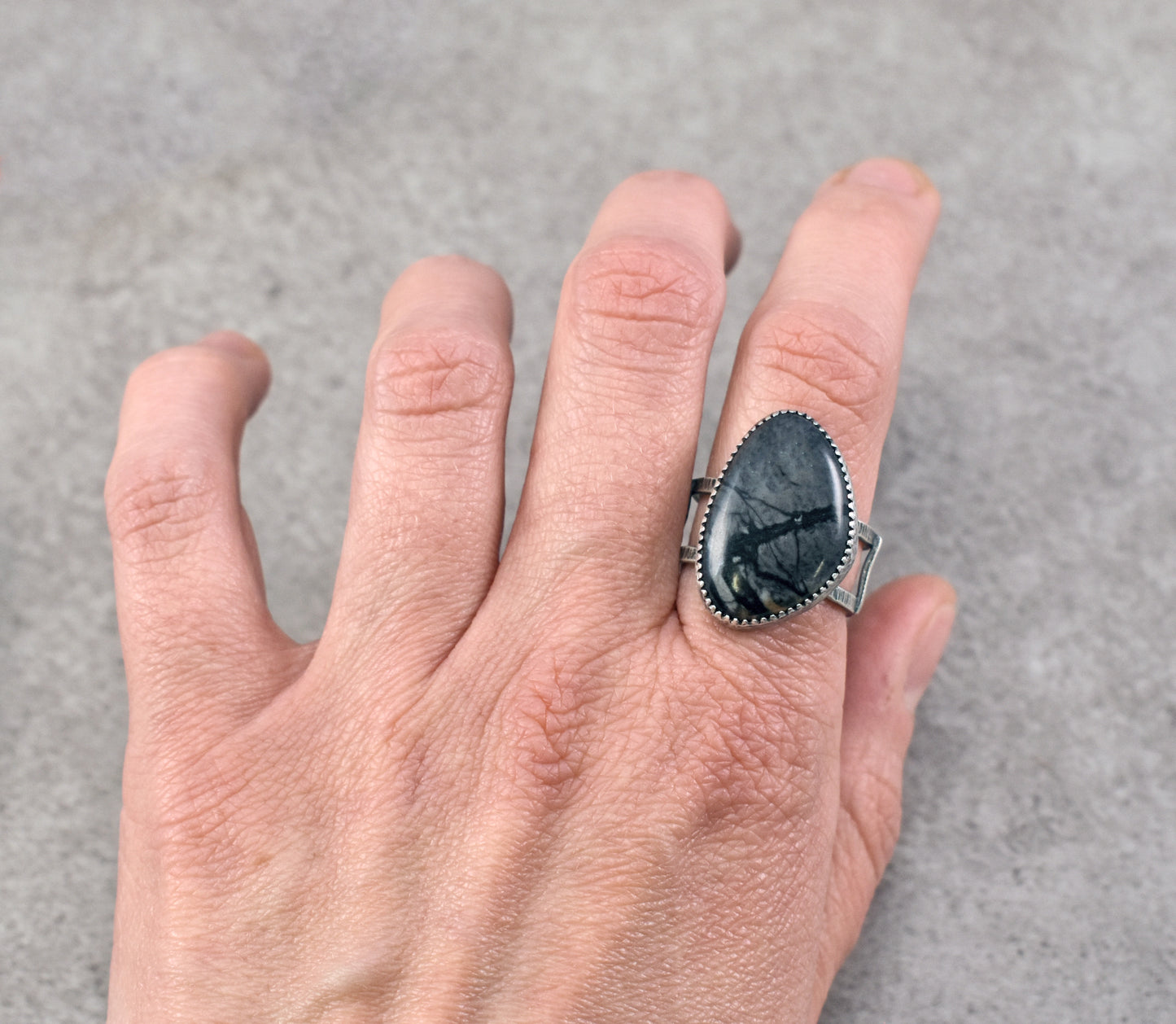 Picasso Jasper and Sterling Silver Wide Band Statement Ring, Size 8.25