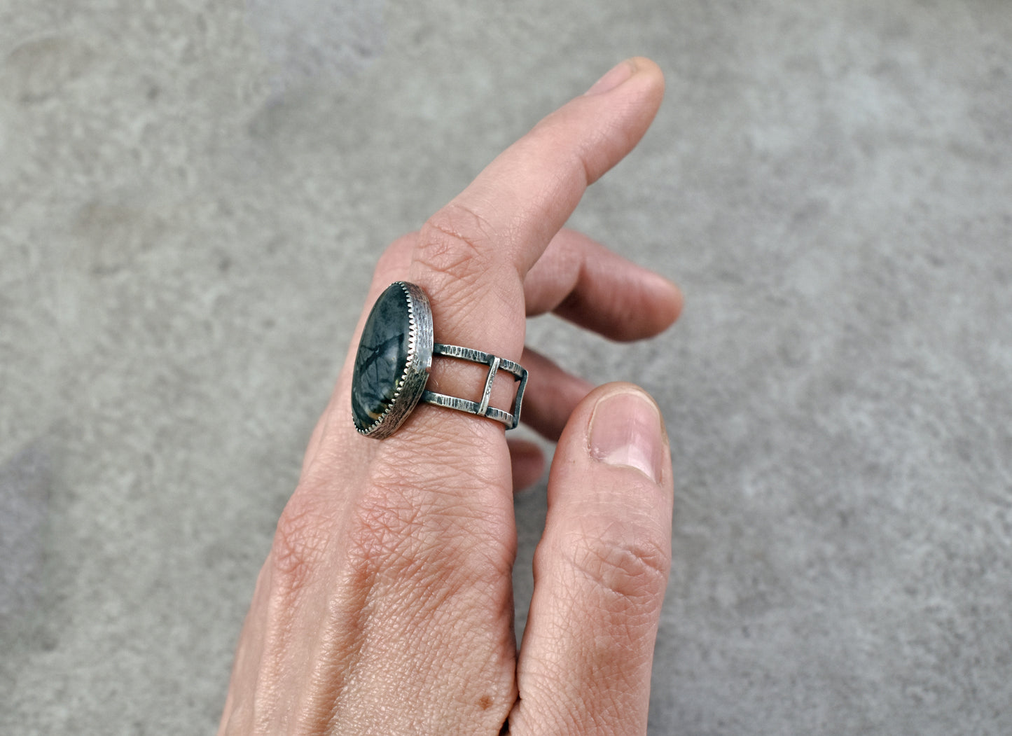 Picasso Jasper and Sterling Silver Wide Band Statement Ring, Size 8.25