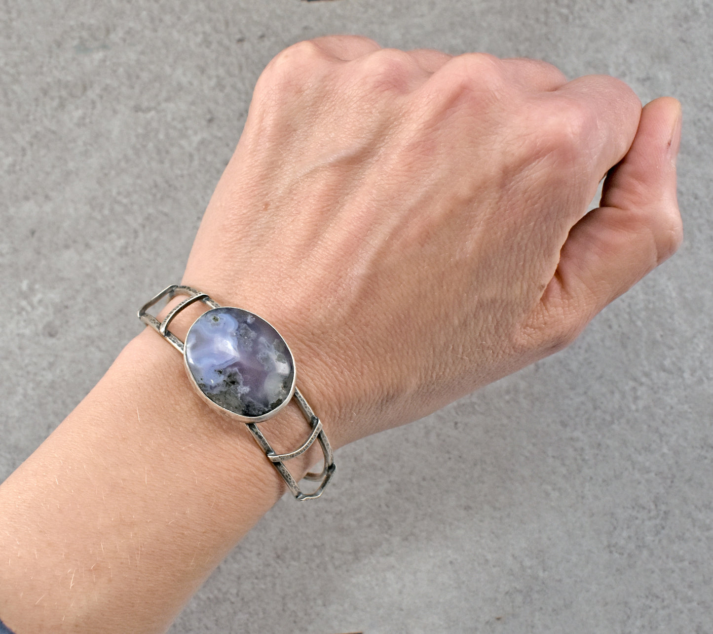 Purple Moss Agate and Sterling Silver Cuff Bracelet, Size Small, Unique Silversmith Jewelry