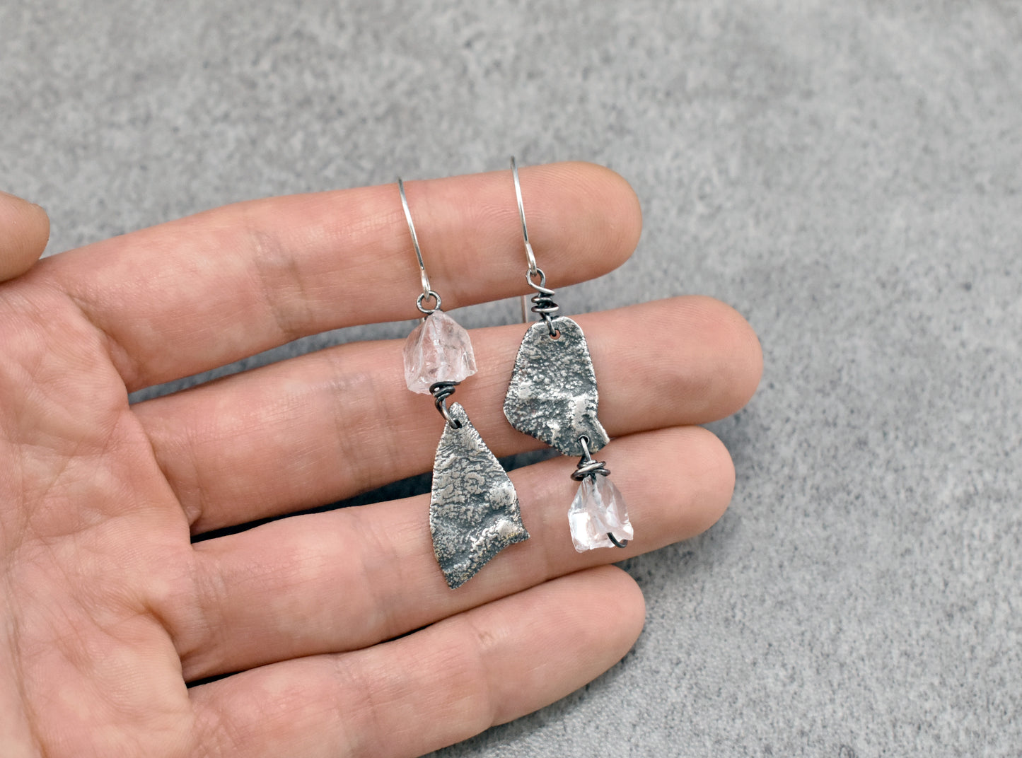 Raw Quartz and Sterling Silver Earrings, Organic Unusual Gemstone Artisan Jewelry