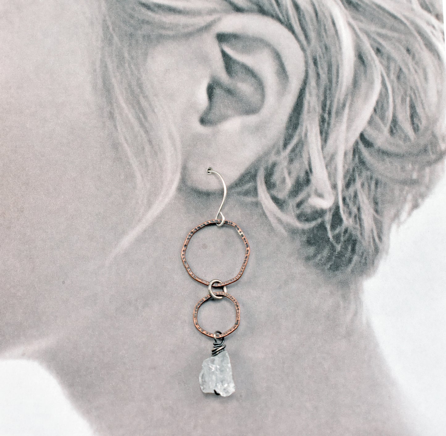 Long Raw Quartz Mixed Metal Circle Earrings, Organic Gemstone Handmade Copper Sterling Silver Jewelry