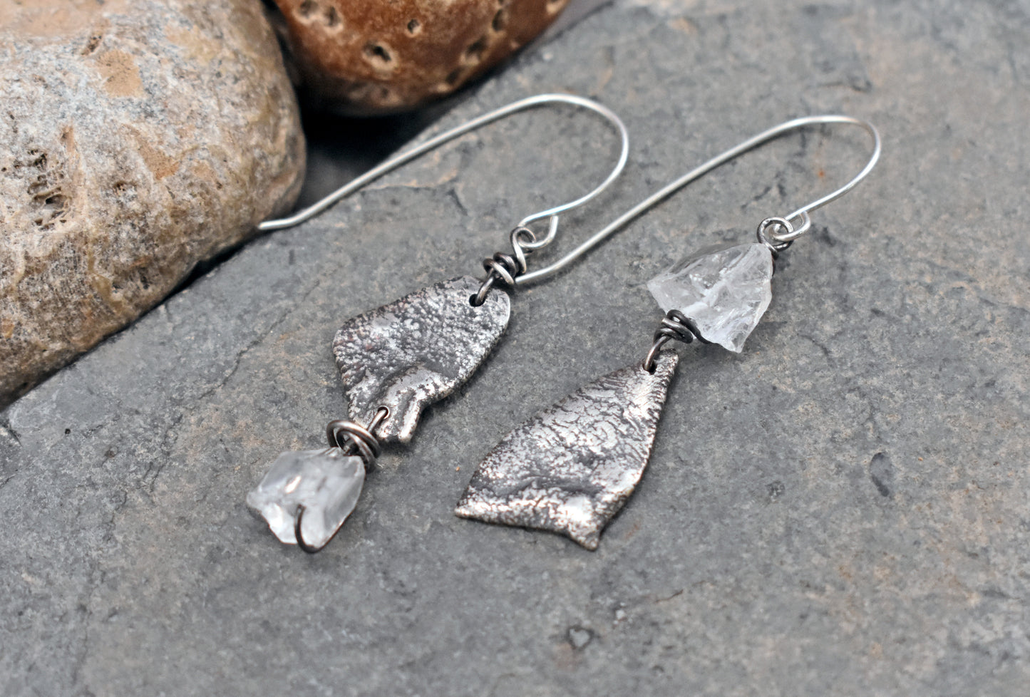 Raw Quartz and Sterling Silver Earrings, Organic Unusual Gemstone Artisan Jewelry