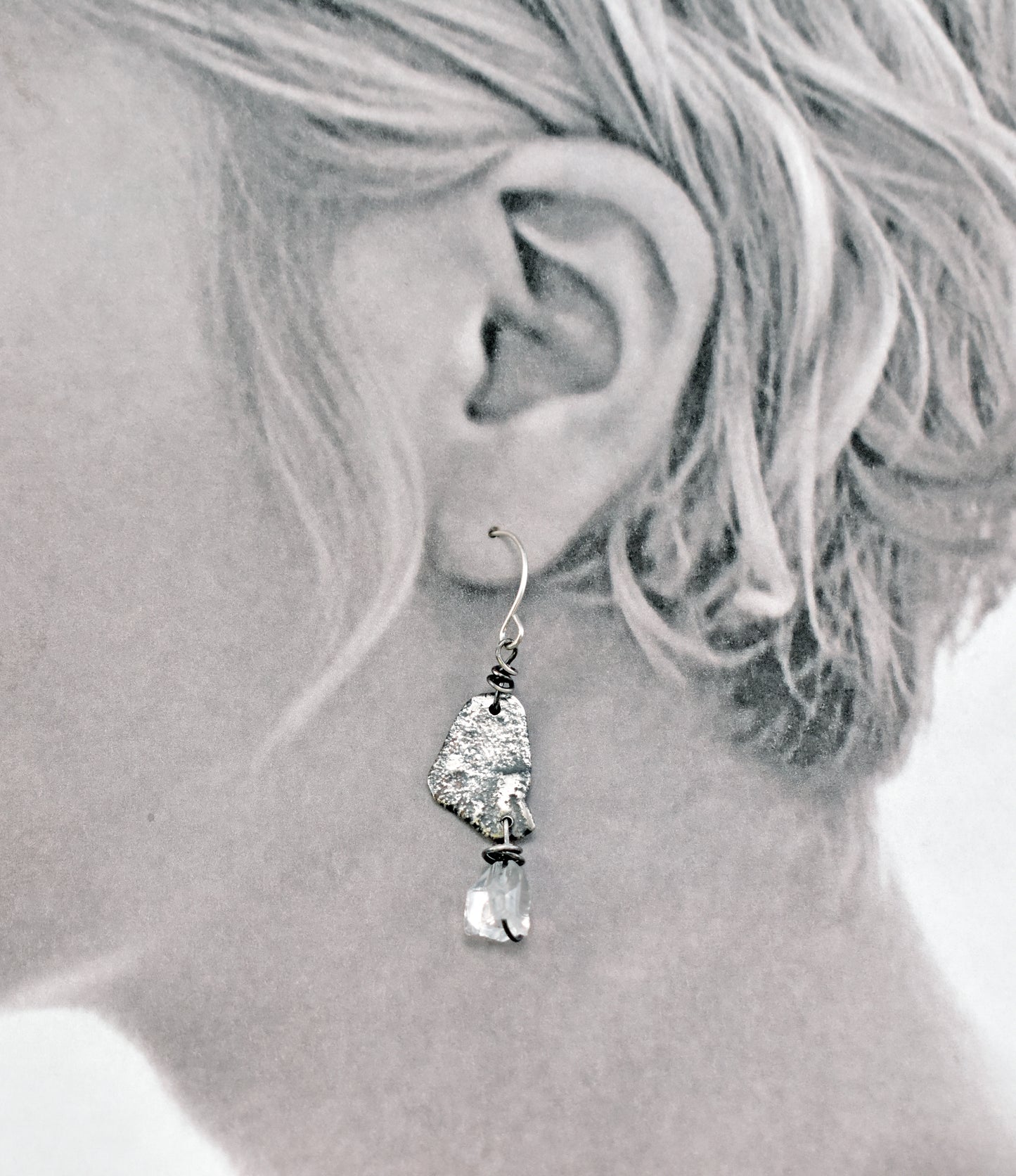 Raw Quartz and Sterling Silver Earrings, Organic Unusual Gemstone Artisan Jewelry