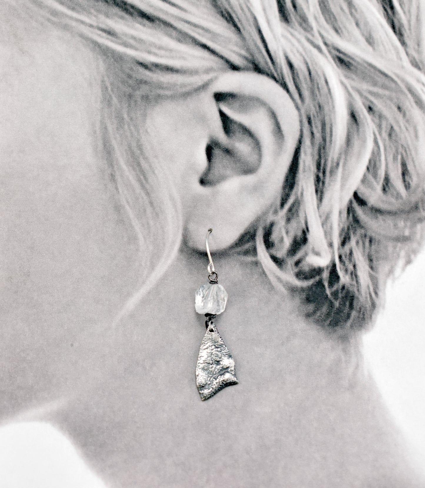 Raw Quartz and Sterling Silver Earrings, Organic Unusual Gemstone Artisan Jewelry