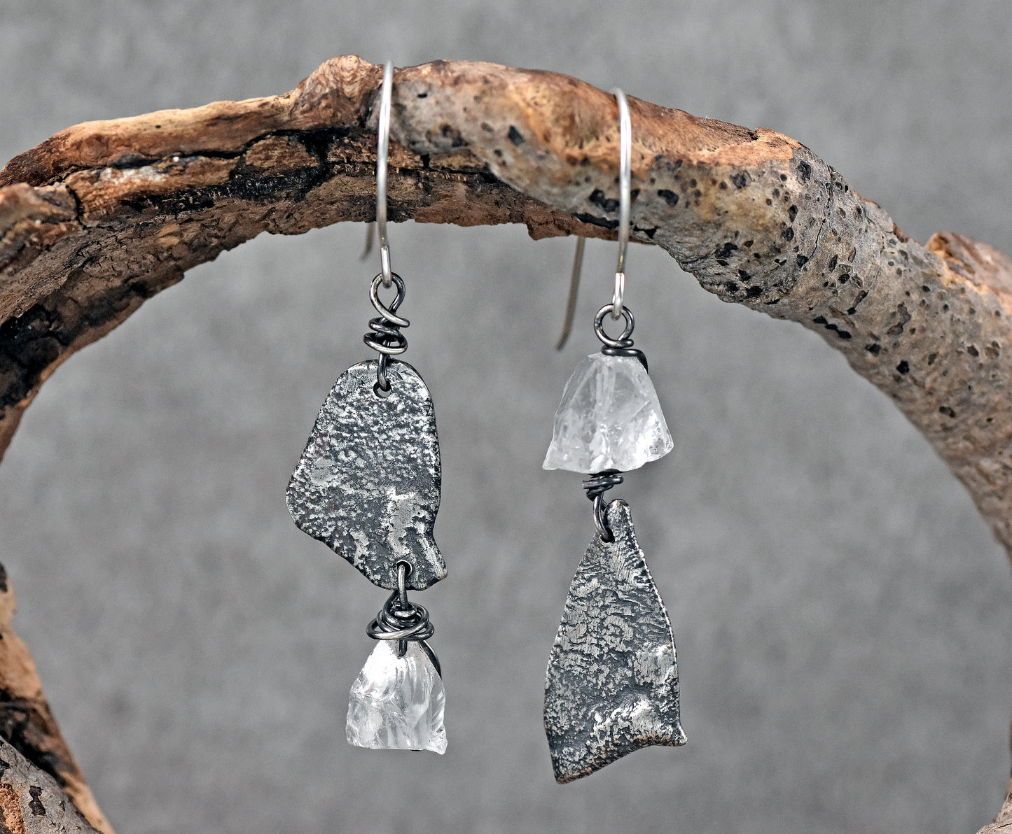 Raw Quartz and Sterling Silver Earrings, Organic Unusual Gemstone Artisan Jewelry