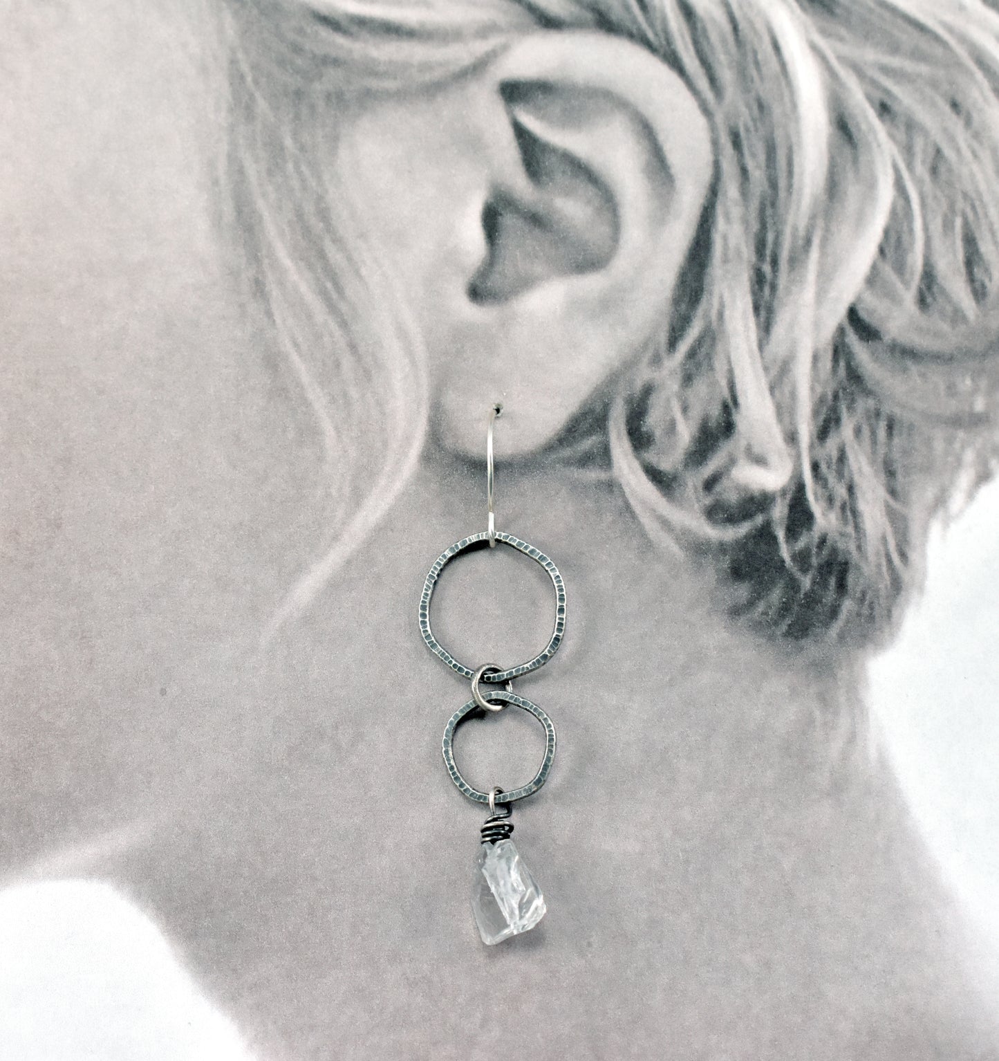 Long Raw Quartz and Sterling Silver Circle Earrings, Organic Rough Gemstone Artisan Jewelry