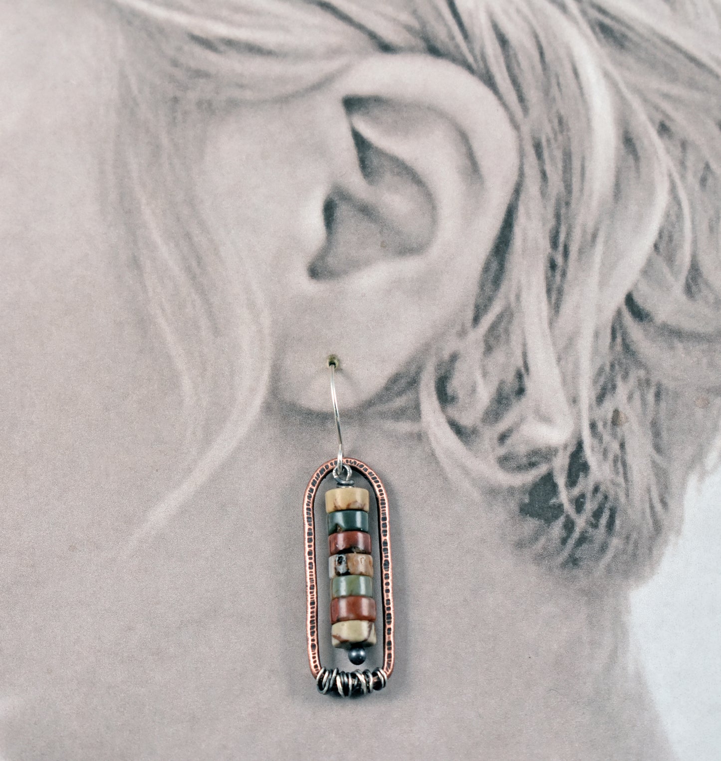 Red Creek Jasper Earrings, Natural Earthy Stone Dangles, Rustic Copper Jewelry, Fall Color, Mixed Metal, Sterling Silver