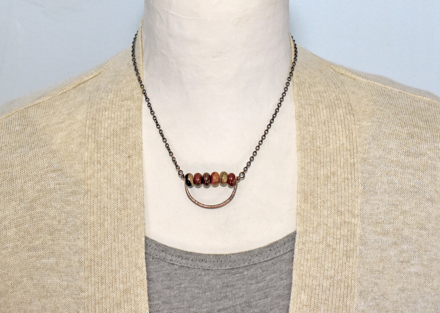 Red Creek Jasper and Copper Necklace, Hammered Copper Wire Pendant, Unique Fall Color Jewelry