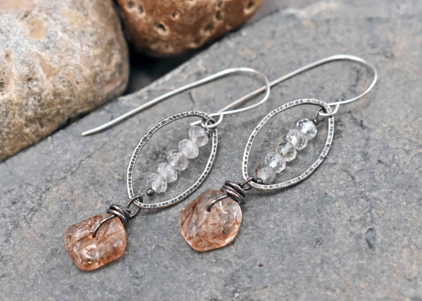 Red Rutile Quartz and Sterling Silver Artisan Earrings, Handmade Silversmith Jewelry