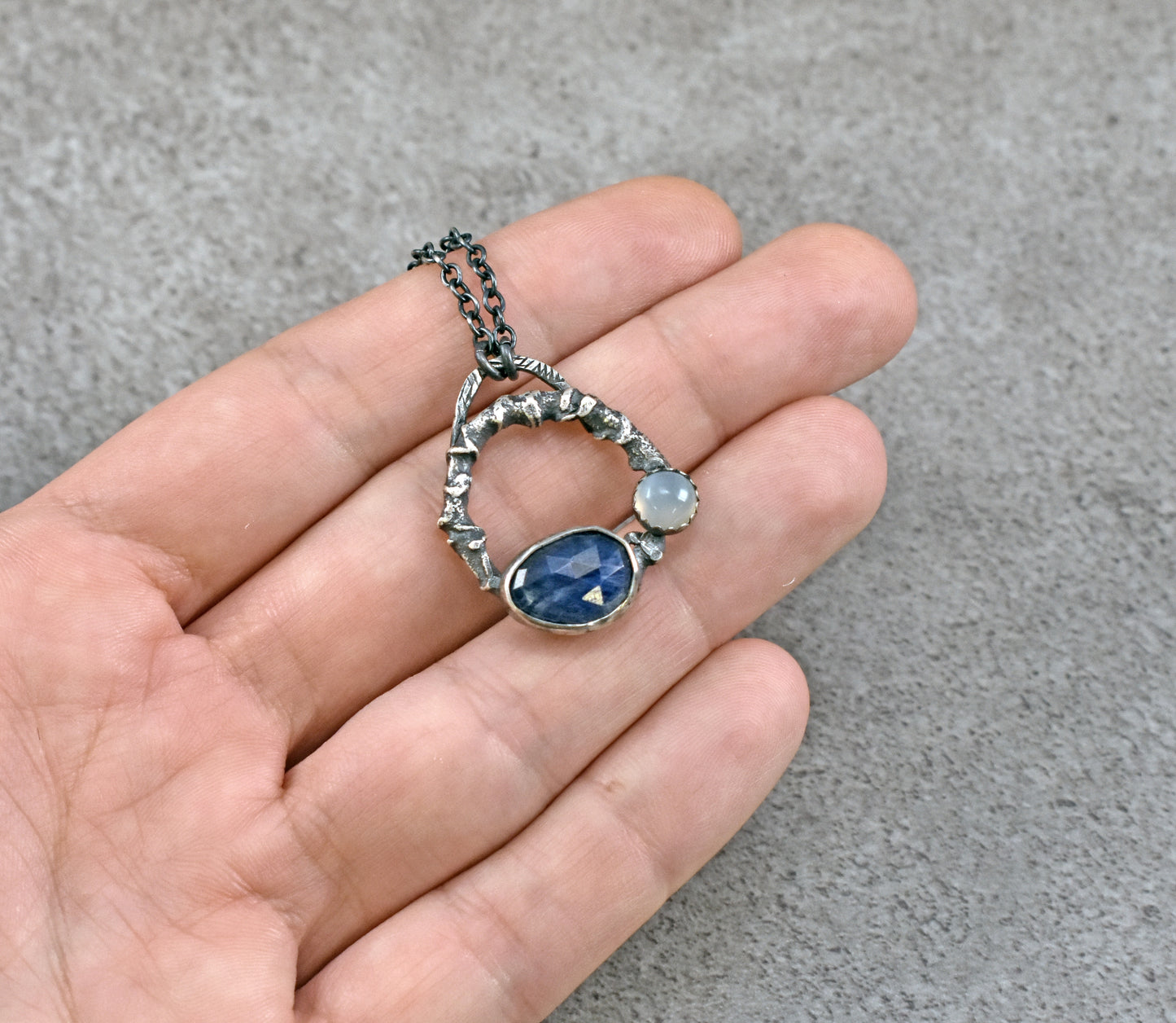 Small Blue Sapphire, Moonstone and Sterling Silver Necklace