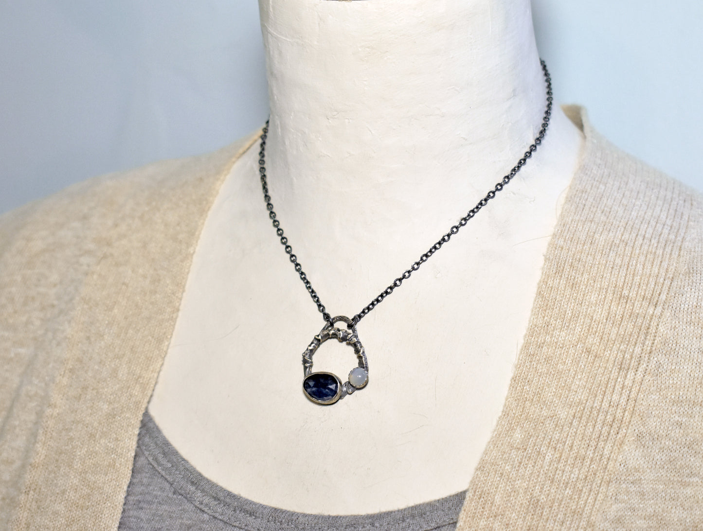 Small Blue Sapphire, Moonstone and Sterling Silver Necklace