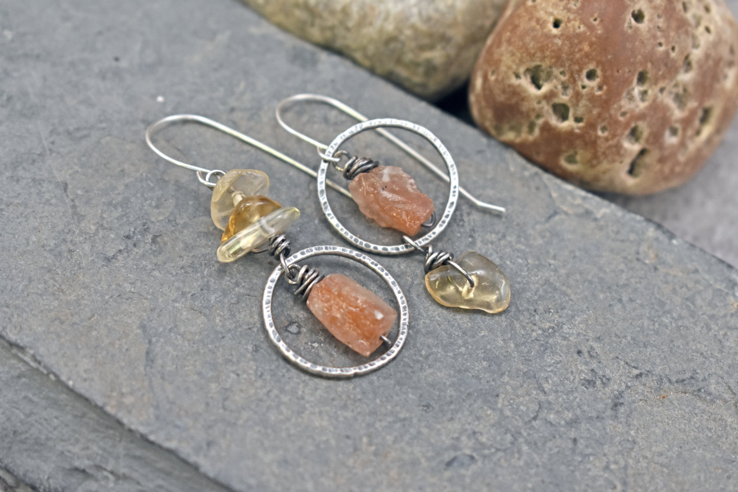 Raw Sunstone and Citrine Asymmetrical Sterling Silver Earrings, Orange and Yellow Handmade Jewelry