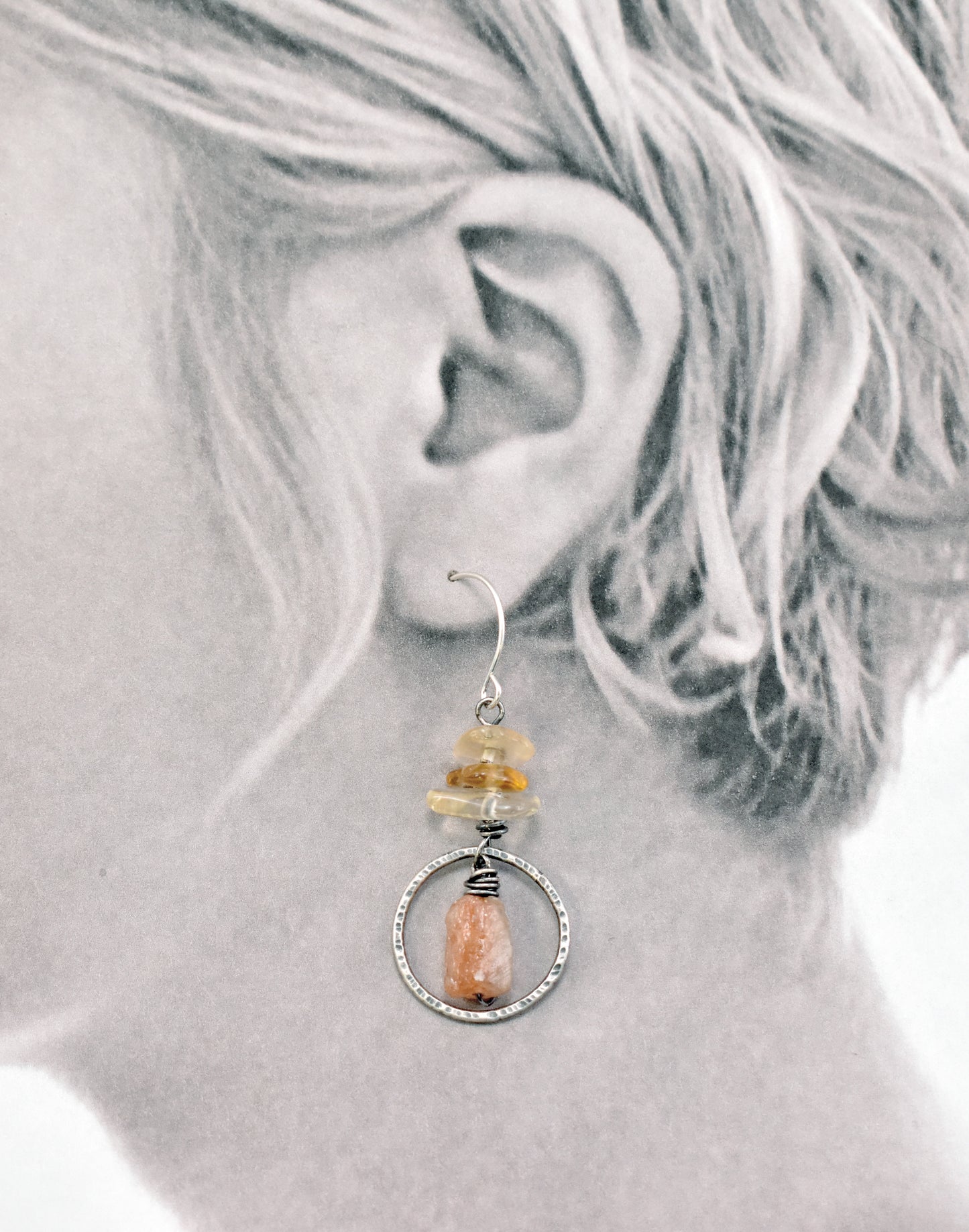 Raw Sunstone and Citrine Asymmetrical Sterling Silver Earrings, Orange and Yellow Handmade Jewelry
