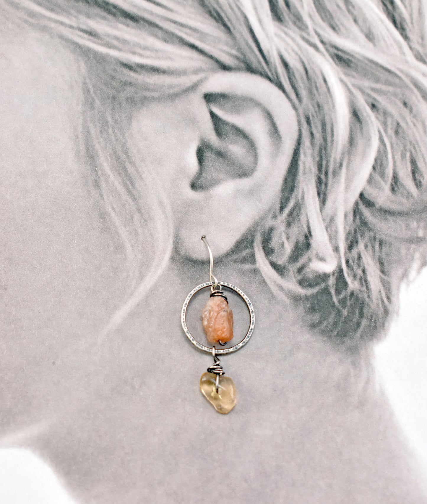 Raw Sunstone and Citrine Asymmetrical Sterling Silver Earrings, Orange and Yellow Handmade Jewelry