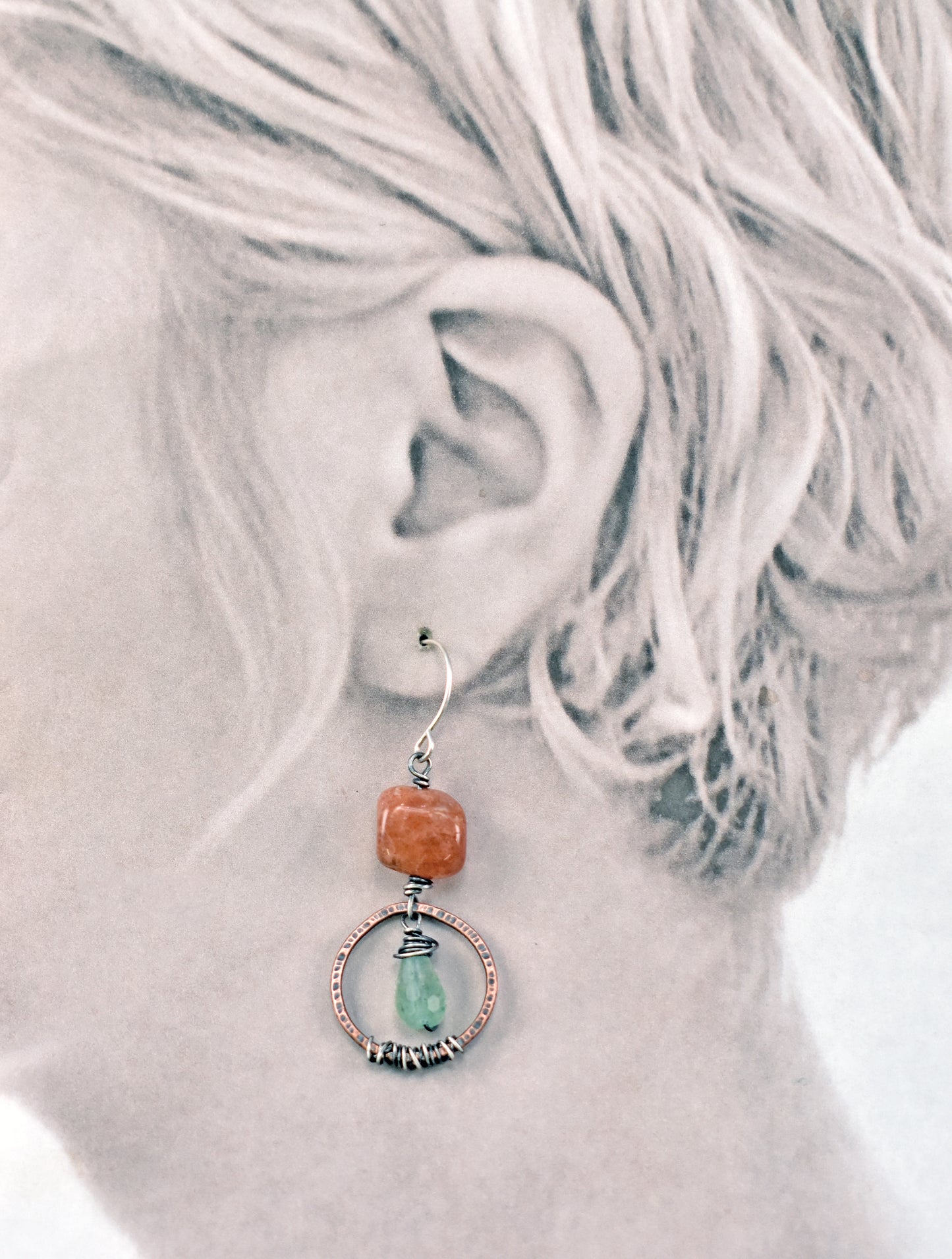 Sunstone, Green Chalcedony, Mixed Metal Earrings, Copper Sterling Silver Rustic Orange Gemstone Artisan Jewelry