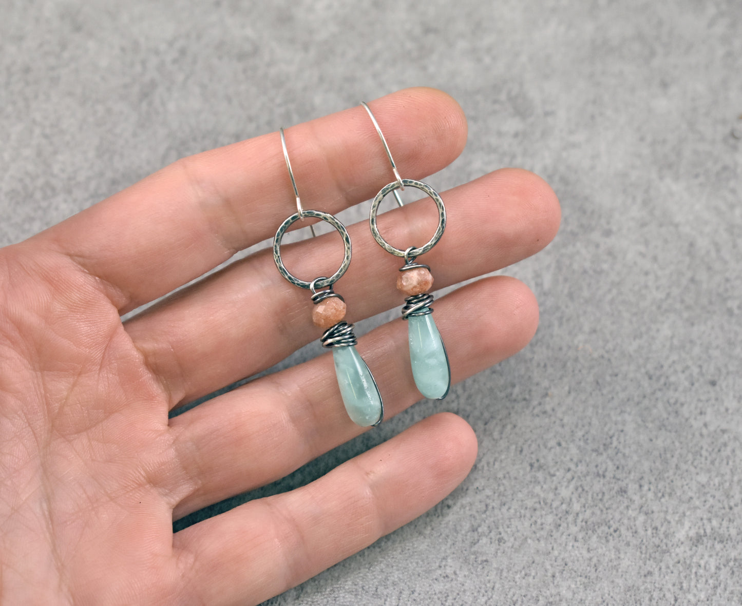 Chatoyant Green Moonstone, Sunstone and Sterling Silver Wire Earrings, Artisan Handmade Jewelry