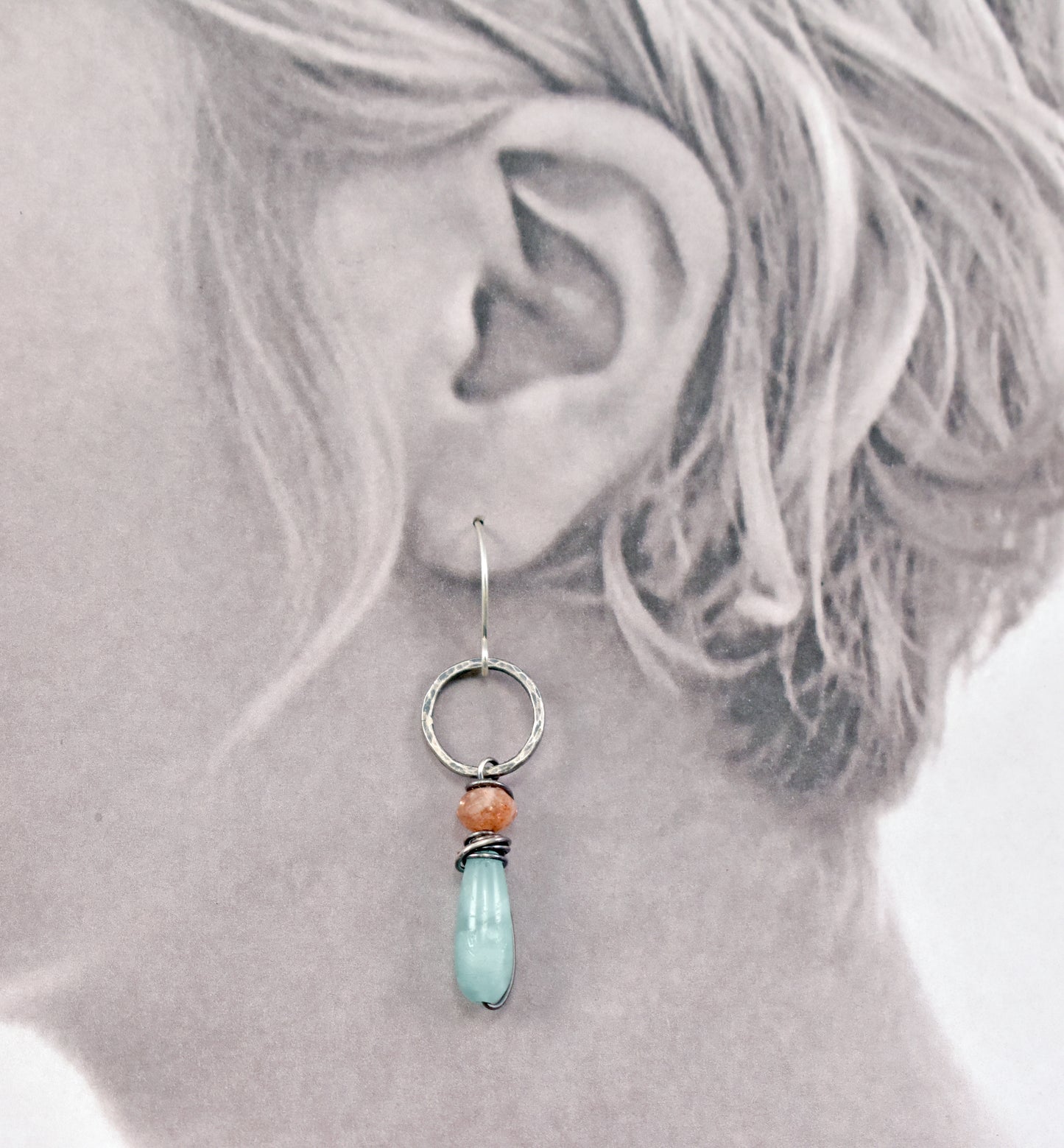 Chatoyant Green Moonstone, Sunstone and Sterling Silver Wire Earrings, Artisan Handmade Jewelry