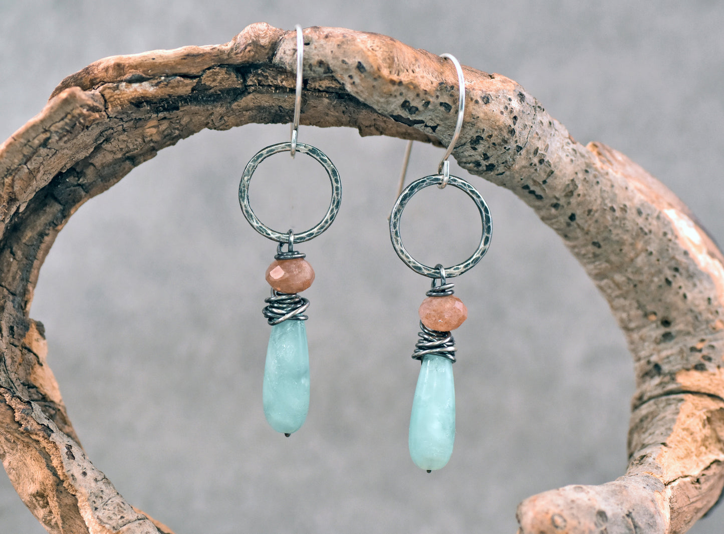 Chatoyant Green Moonstone, Sunstone and Sterling Silver Wire Earrings, Artisan Handmade Jewelry