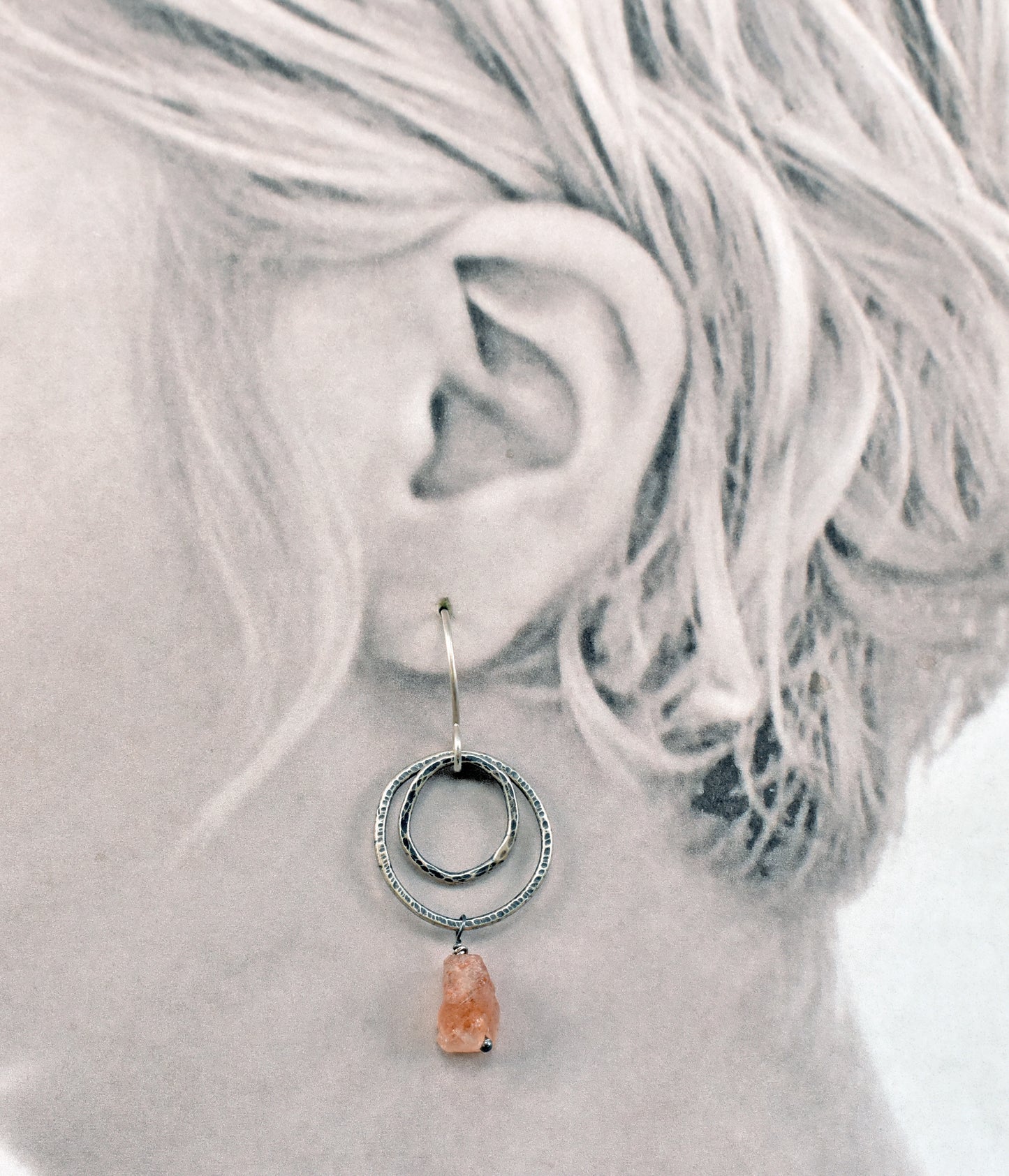 Raw Sunstone Earrings Sterling Silver, Natural Rough Orange Stone Gemstone Dangles, Unique Artisan Circle Jewelry