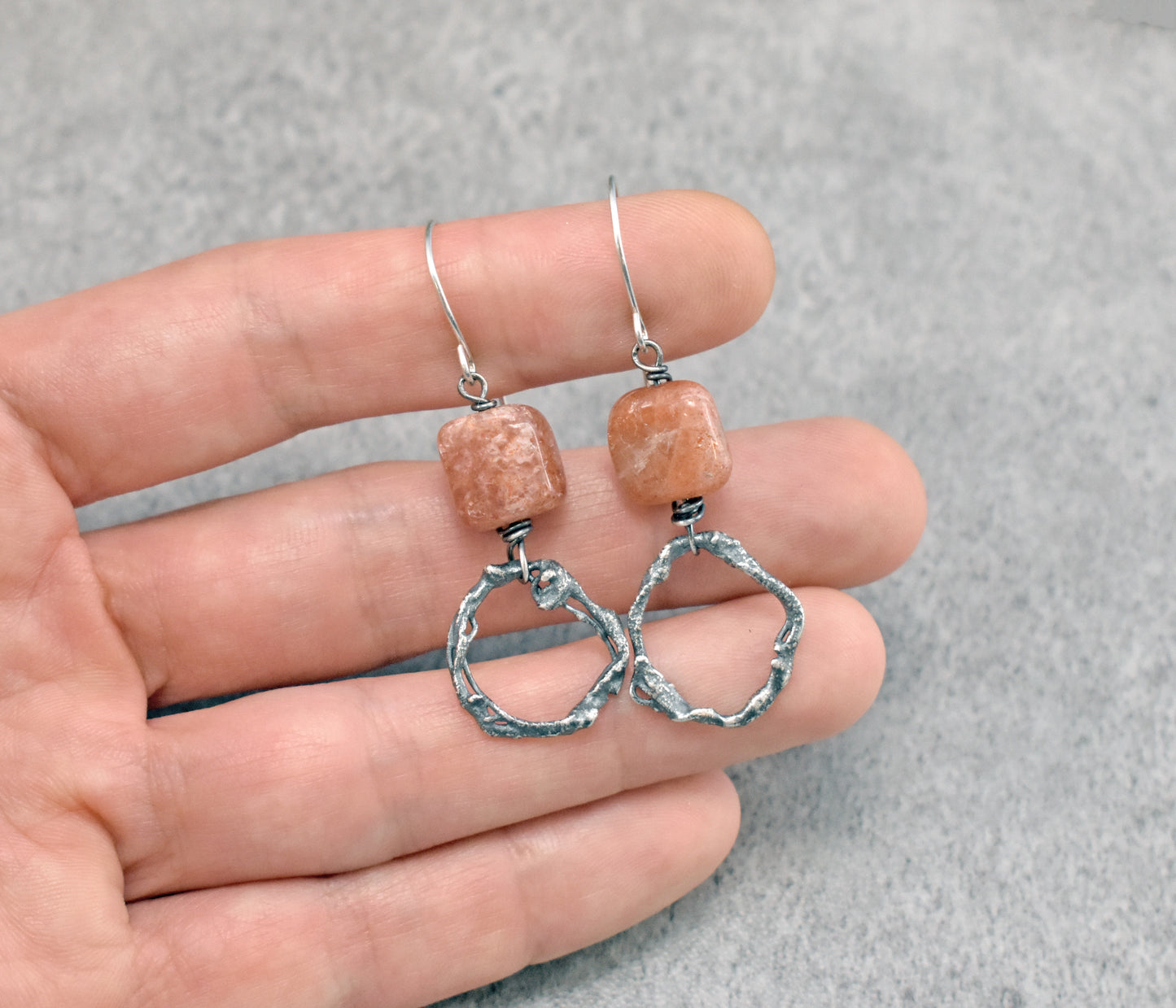 Orange Sunstone and Sterling Silver Earrings, Organic Artisan Silversmith Jewelry