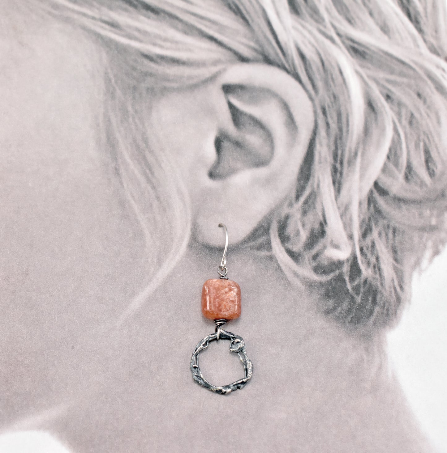 Orange Sunstone and Sterling Silver Earrings, Organic Artisan Silversmith Jewelry