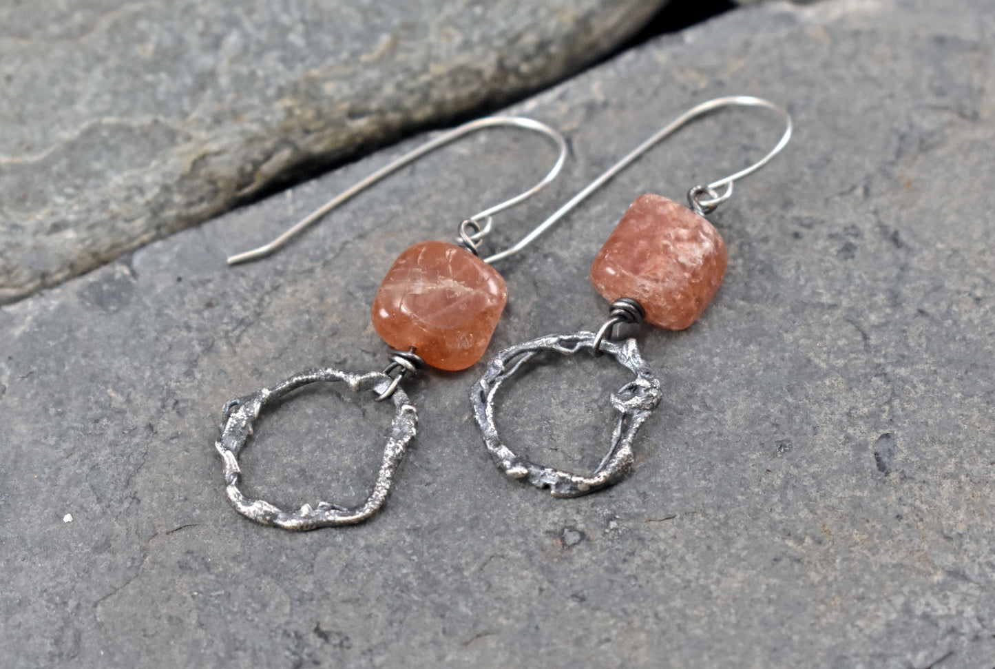 Orange Sunstone and Sterling Silver Earrings, Organic Artisan Silversmith Jewelry