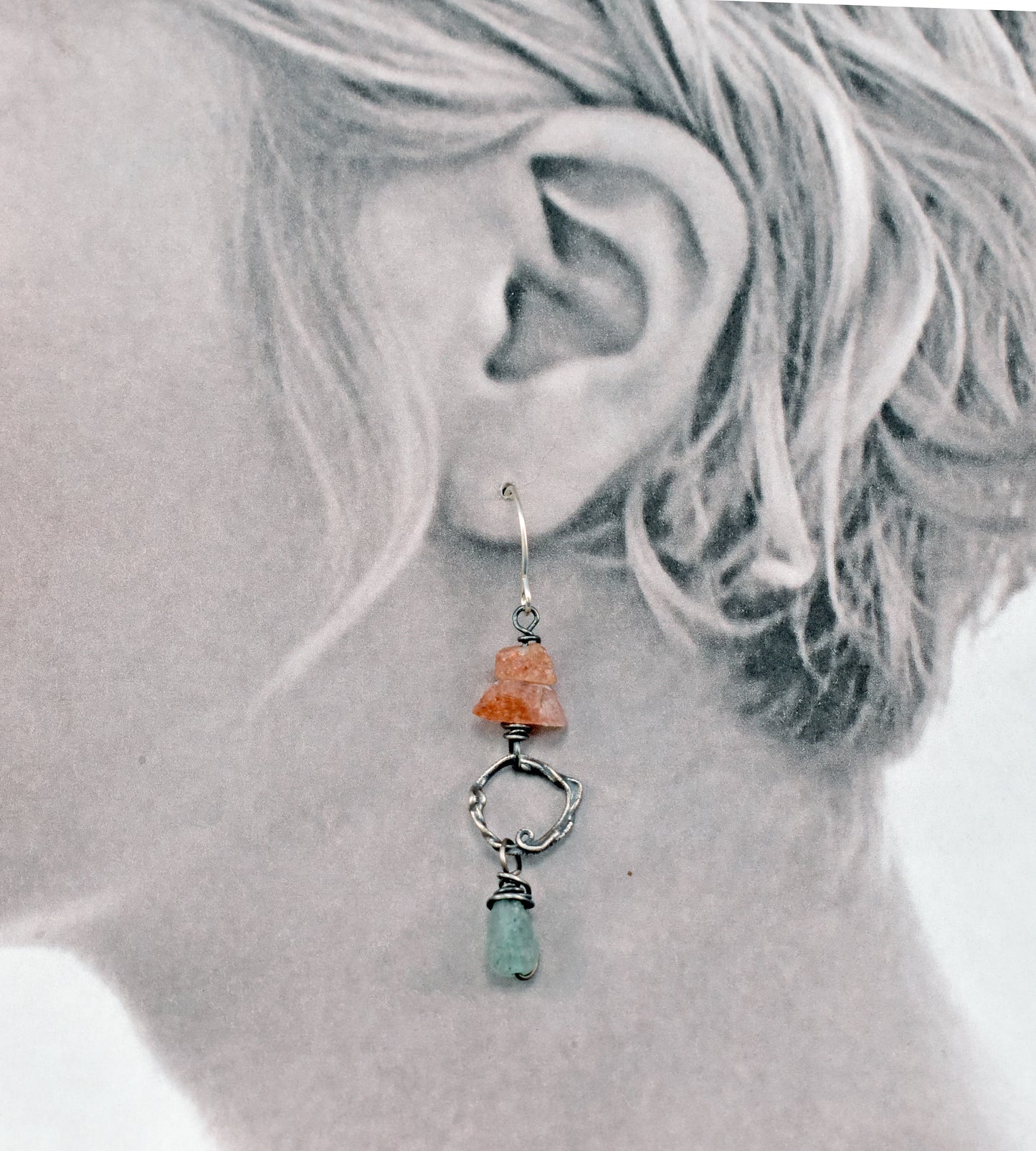 Sunstone, Green Chalcedony and Sterling Silver Circle Earrings, Artisan Handmade Jewelry