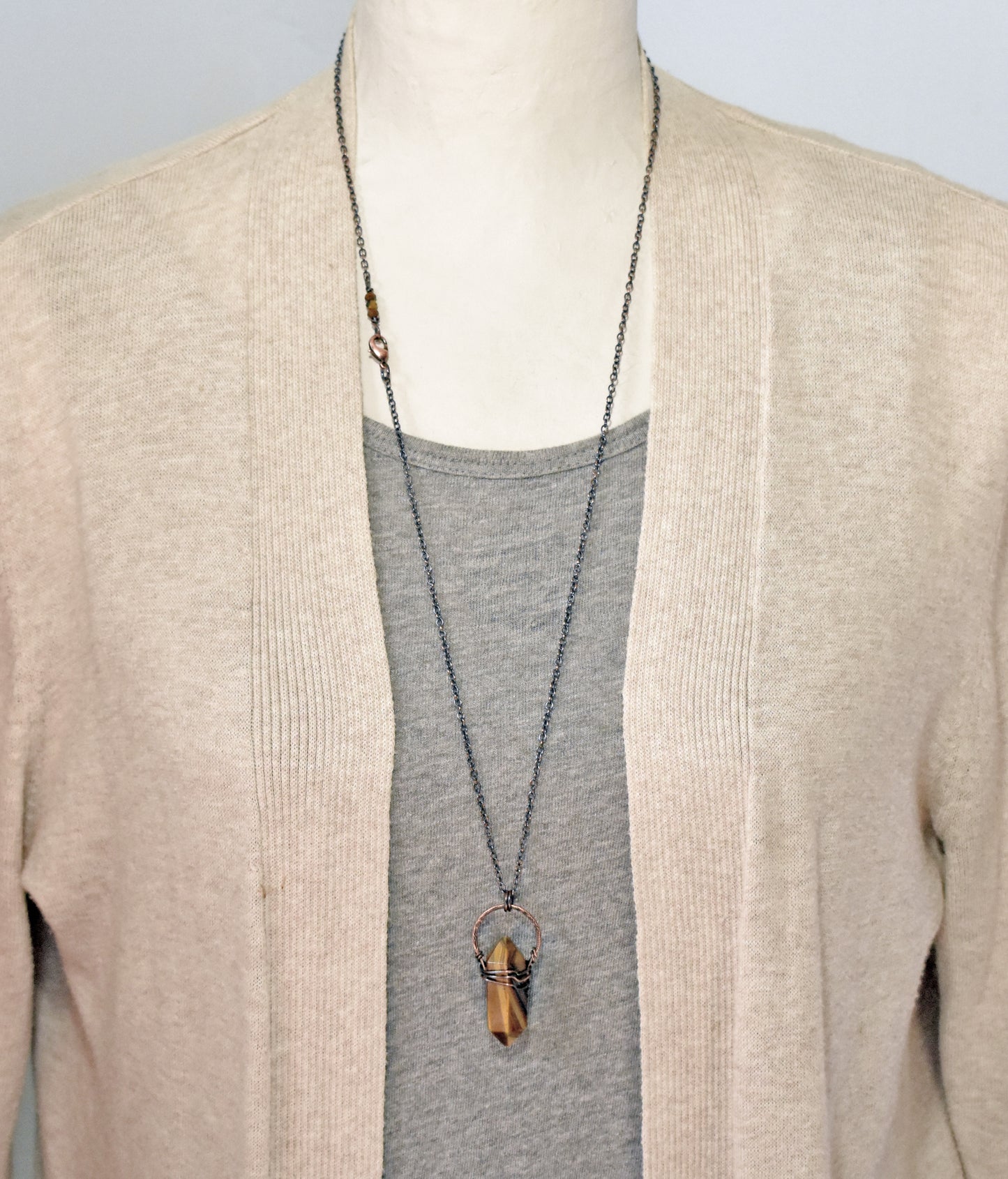 Tiger's Eye Double Terminated Point Necklace, Brown Gold Stone and Copper Pendant