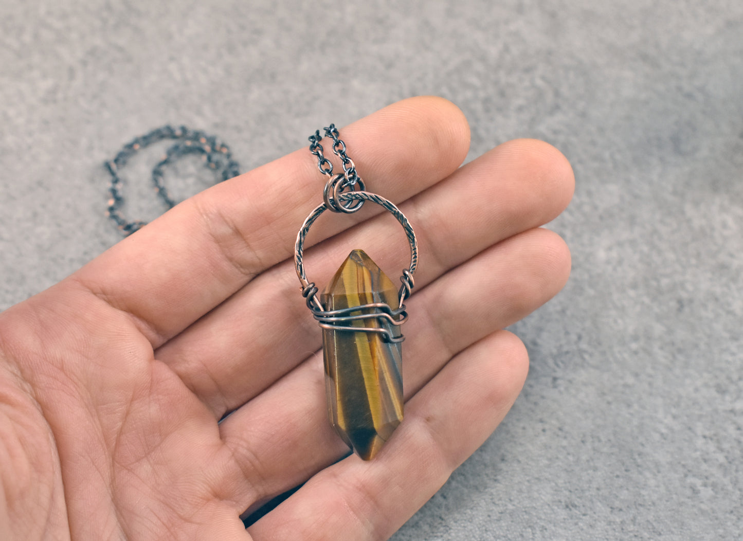 Tiger's Eye Double Terminated Point Necklace, Brown Gold Stone and Copper Pendant