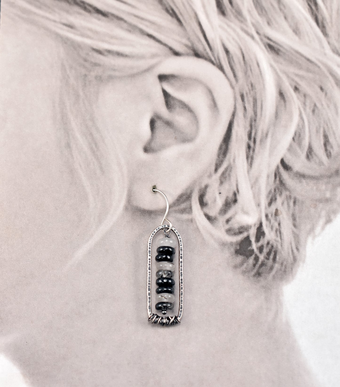 Tourmalinated Quartz and Sterling Silver Dangle Earrings, Rustic Black and White Jewelry