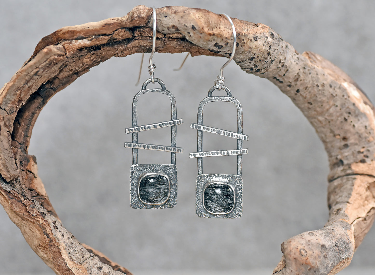 Tourmalinated Quartz and Sterling Silver Statement Dangle Earrings