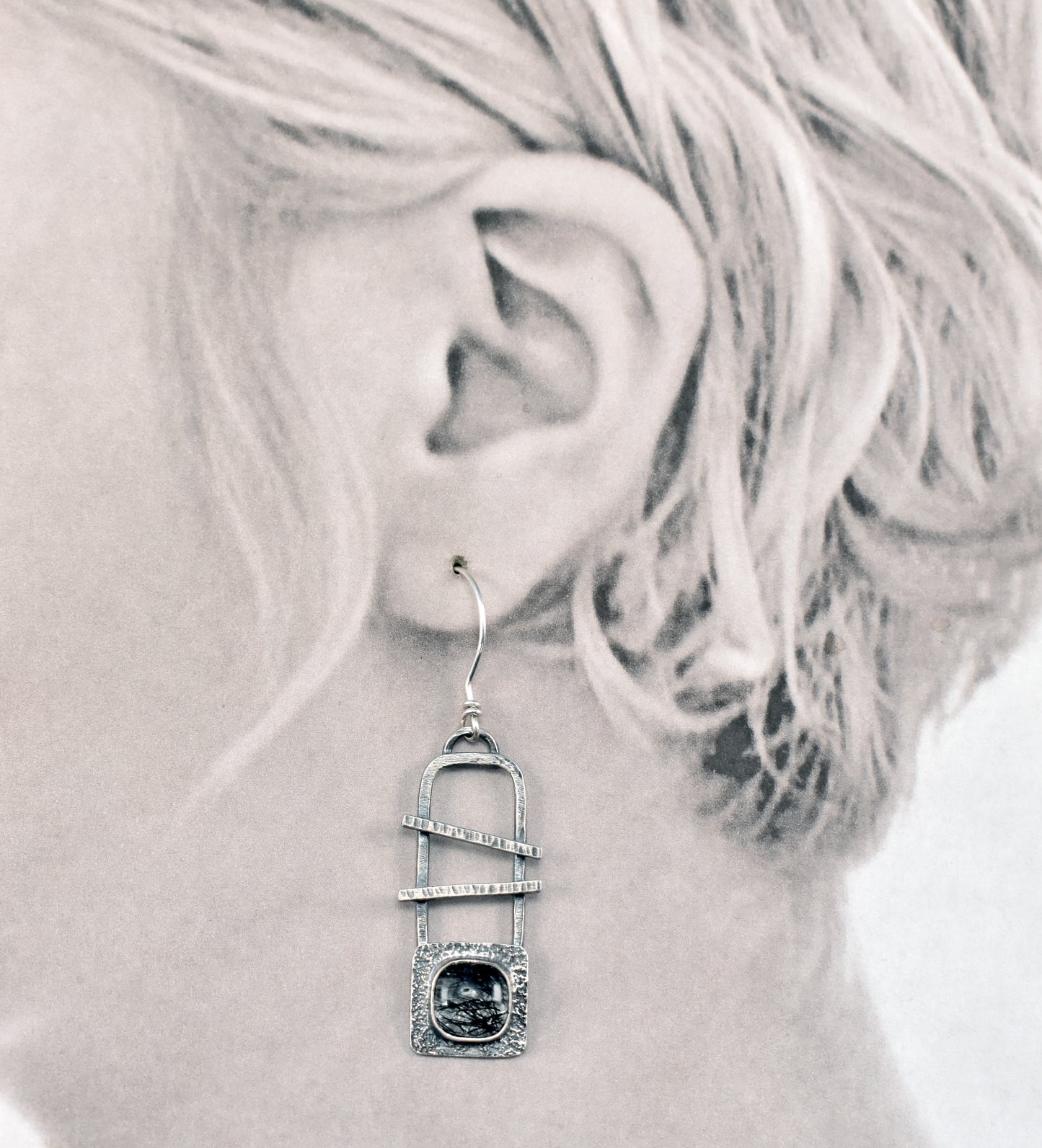 Tourmalinated Quartz and Sterling Silver Statement Dangle Earrings
